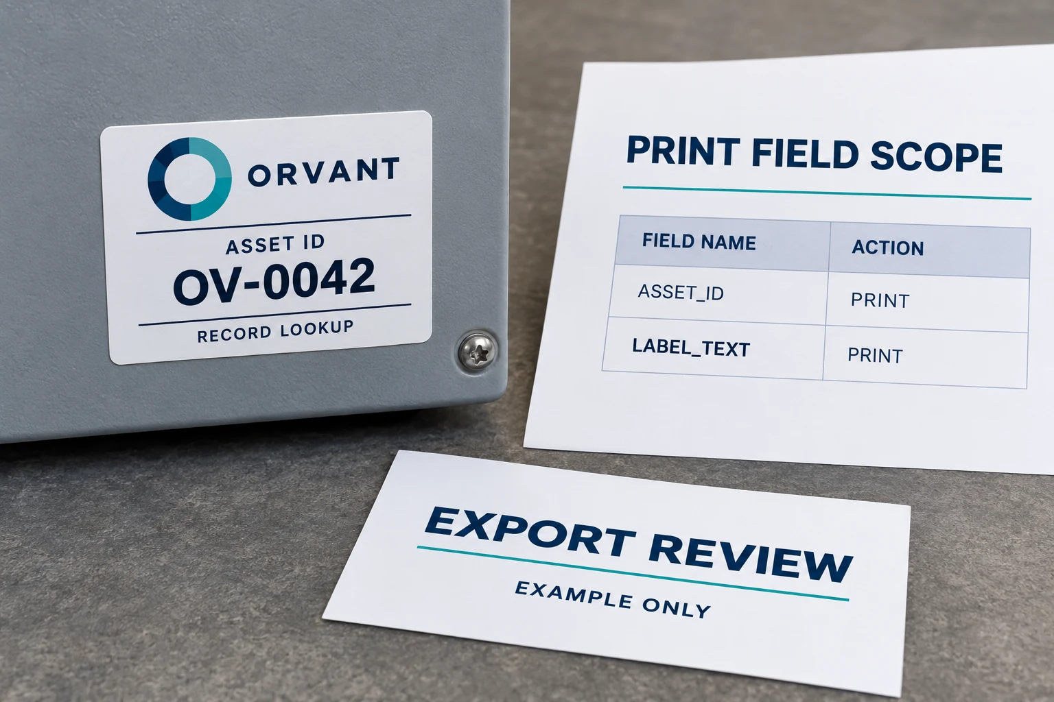 Illustrative ORVANT equipment label and field-scope sheet identify the two approved print fields while internal notes remain in the register.