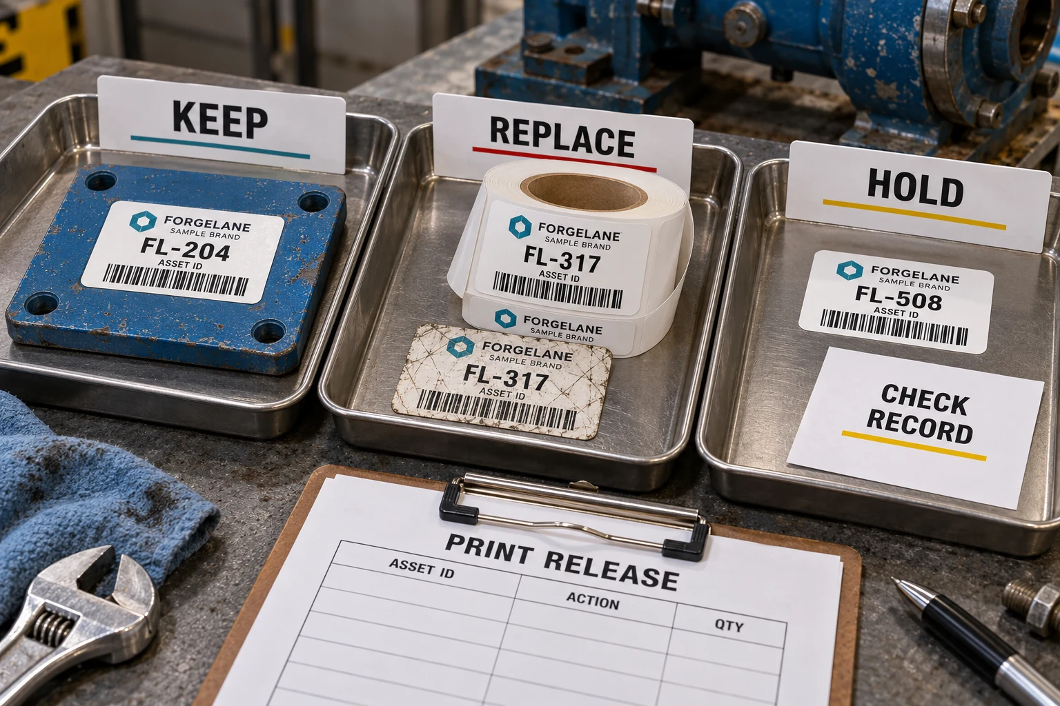 KEEP, REPLACE and HOLD trays with branded sample asset labels, a worn reference label and a blank print-release sheet.