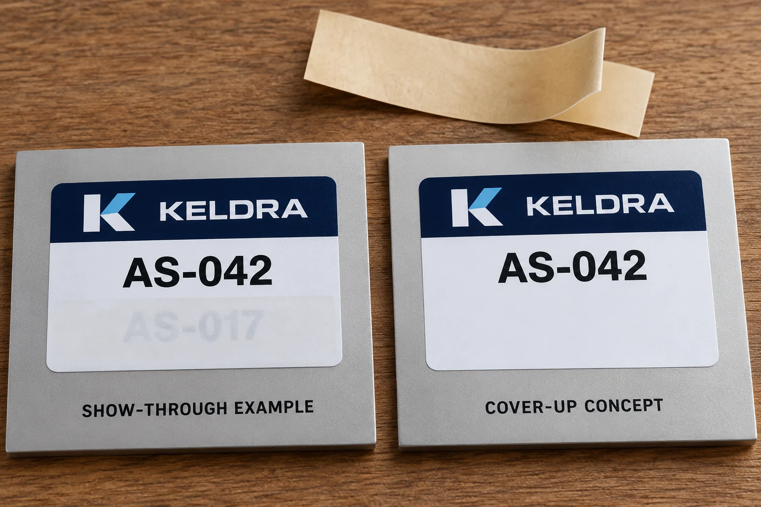 Fictional KELDRA label comparison shows old text visible through one example and concealed in a cover-up concept