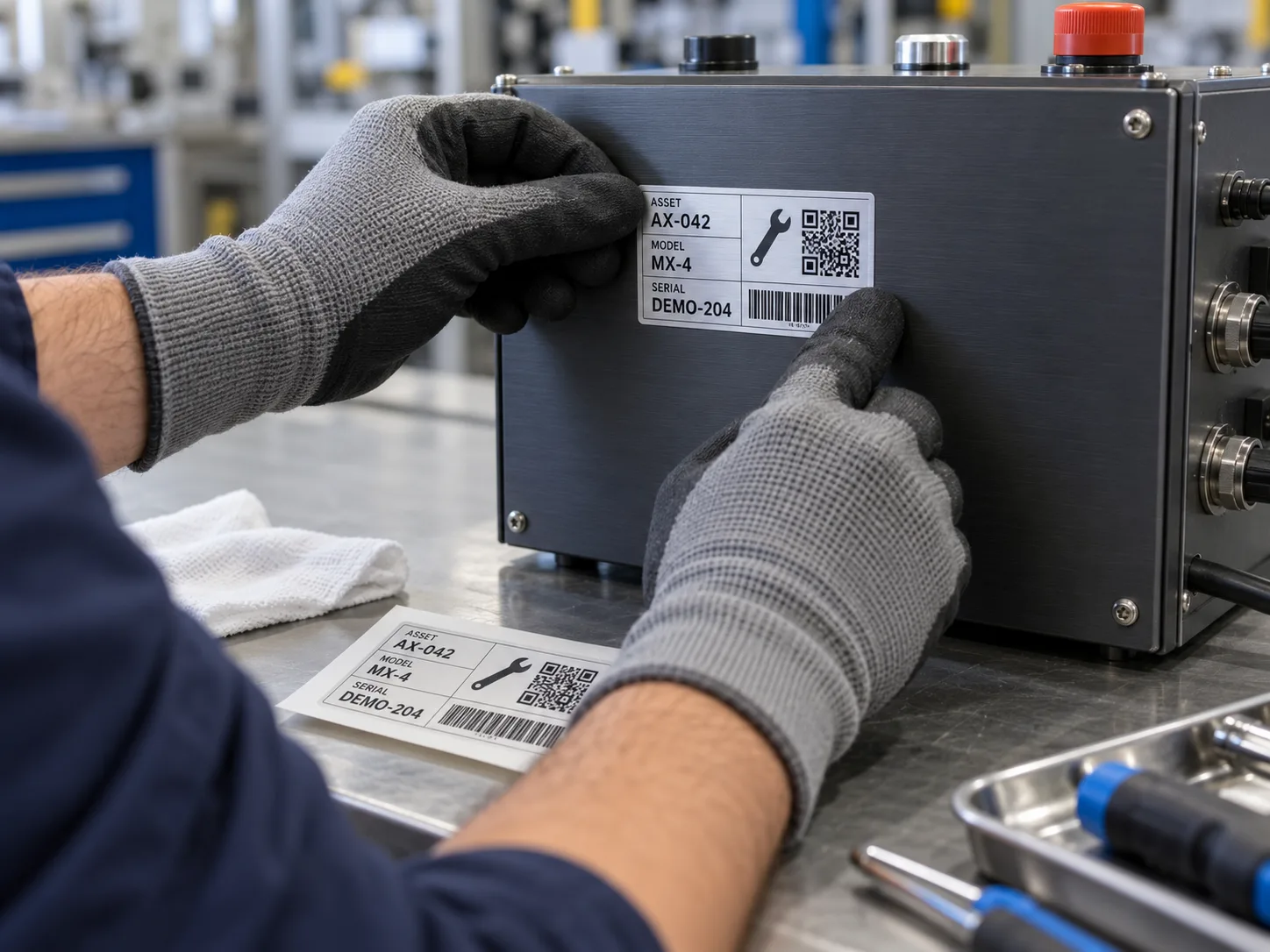 Technician applies populated asset identification label to dark anodized aluminum equipment panel