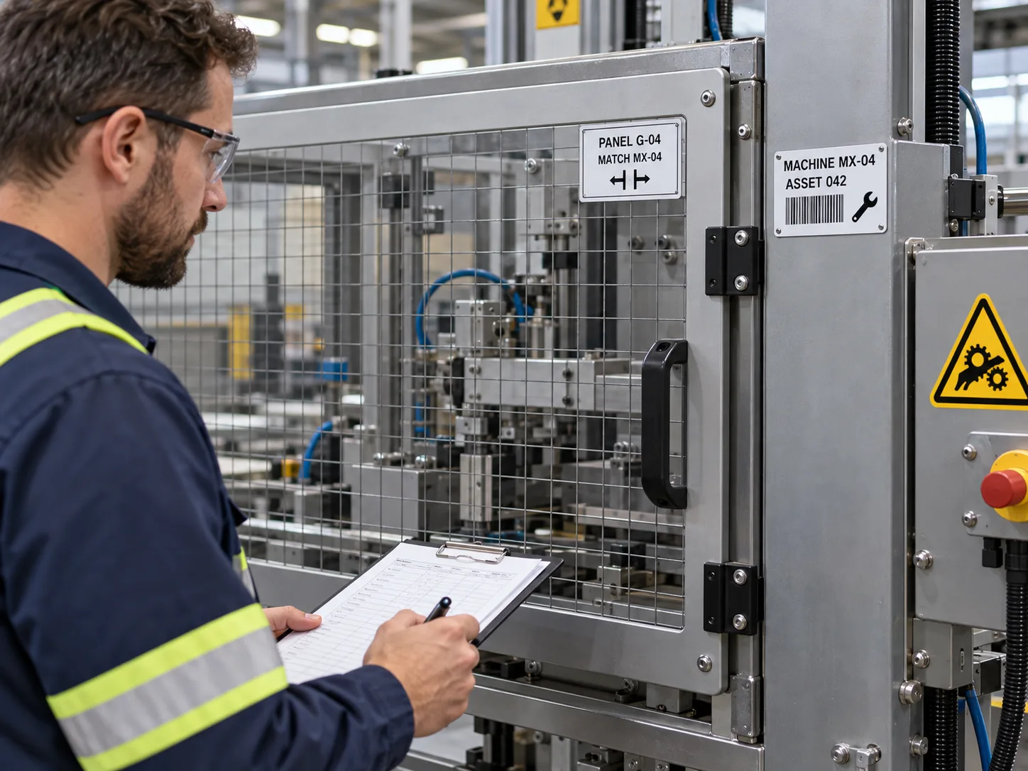 Machine frame asset label and matching removable guard panel label checked by a technician