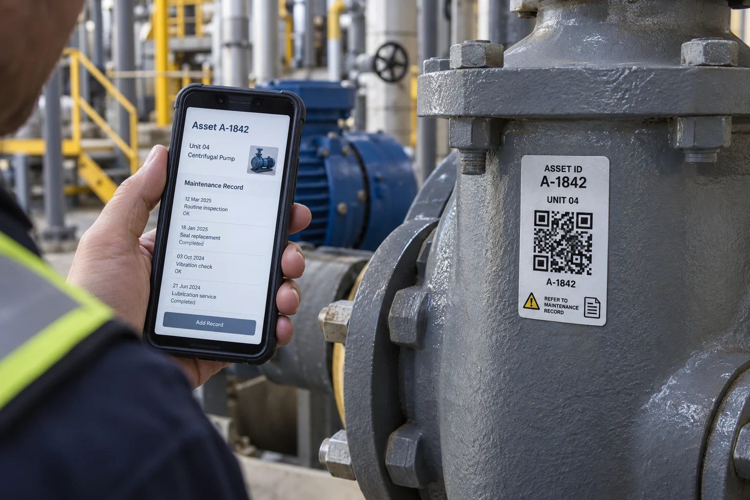 Technician views a maintenance record beside a populated QR asset label on a pump