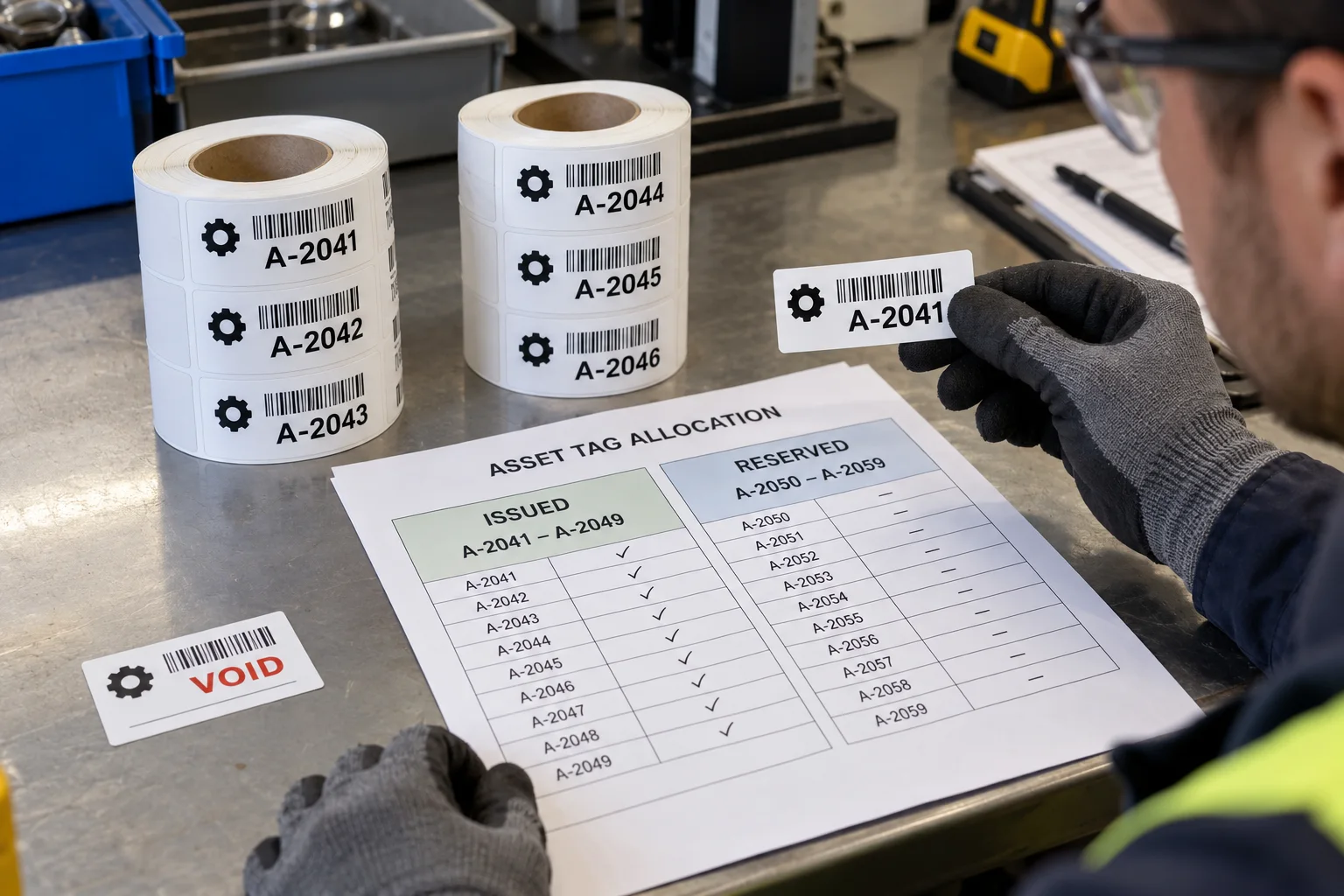 Numbered asset tag rolls beside a fictional issued and reserved serial allocation sheet