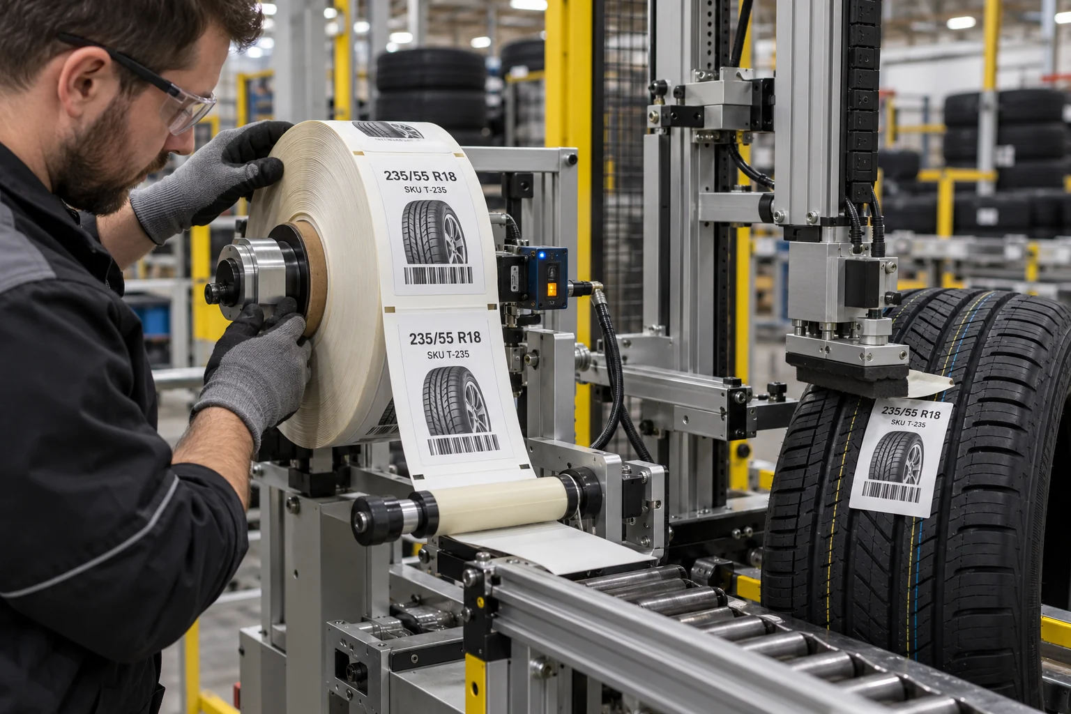 Roll of fictional tire labels feeding toward a tire label applicator sensor