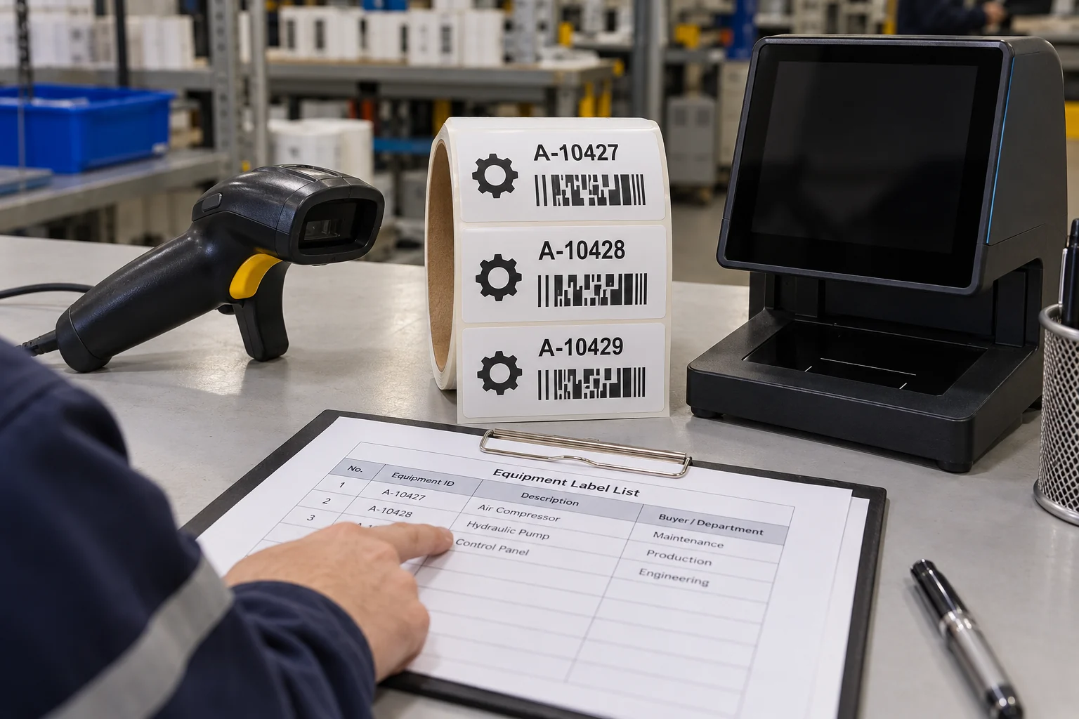 Industrial barcode labels with distinct sample IDs beside a verifier and data list