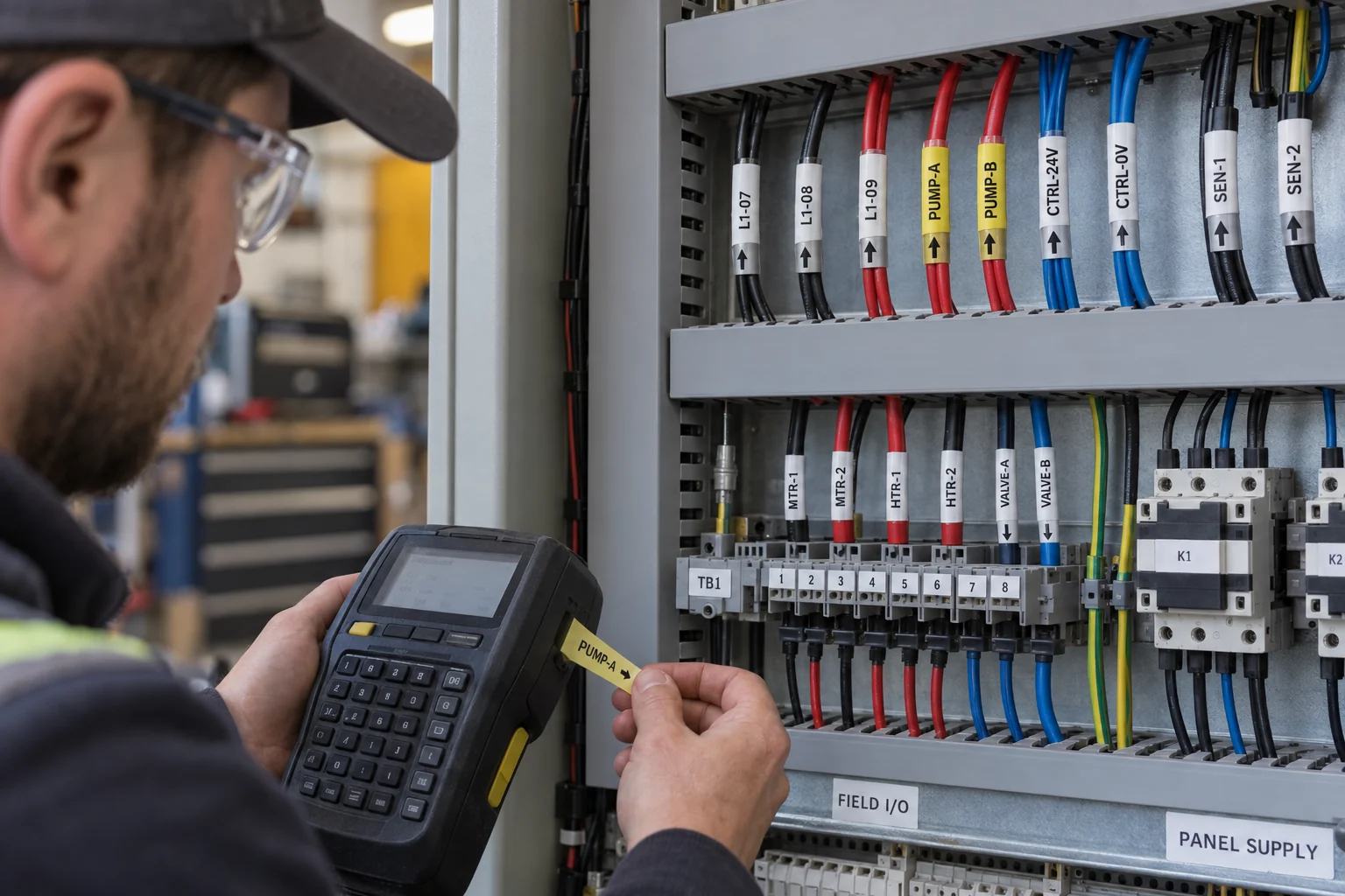 Technician checks printed wire identification wraps inside an electrical cabinet