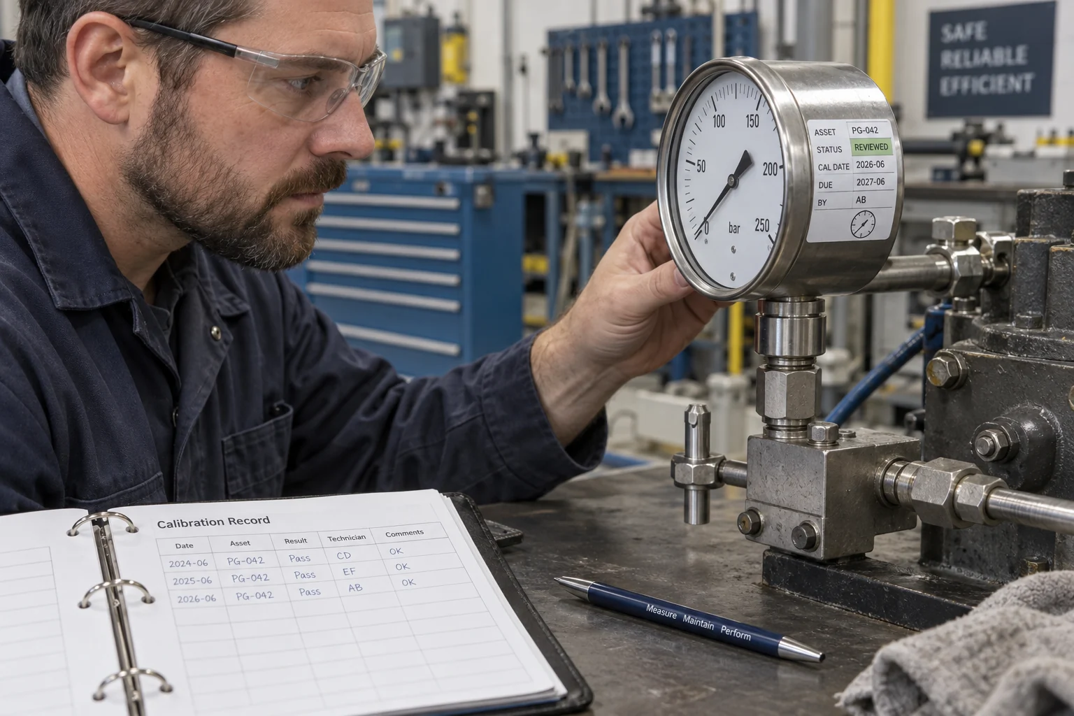 Technician reads fictional calibration status label on a pressure gauge beside a record binder