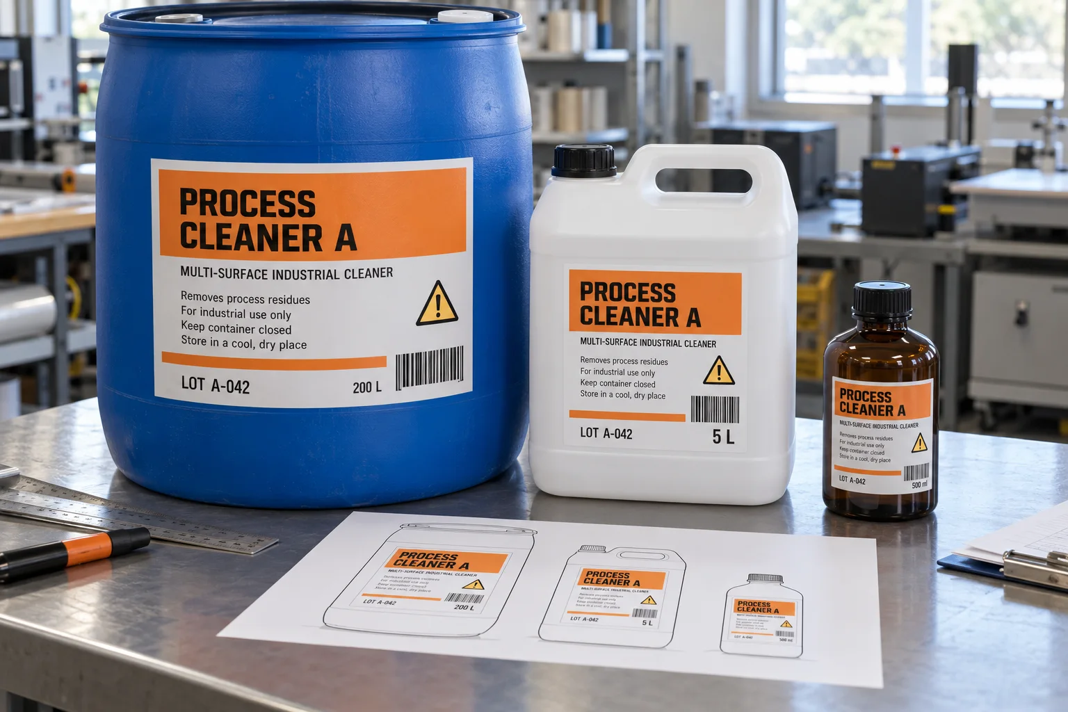 Three different-sized sample chemical container labels on a drum, jug and bottle