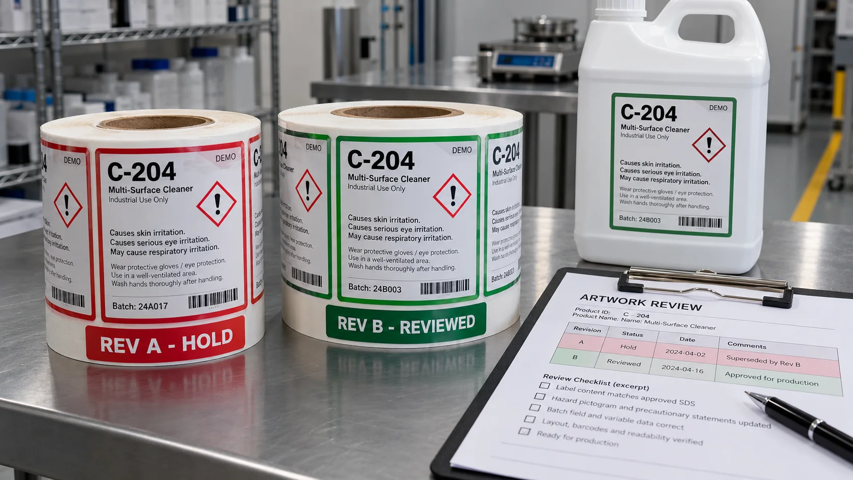 Old chemical label roll marked Rev A Hold beside a revised Rev B roll and sample container label
