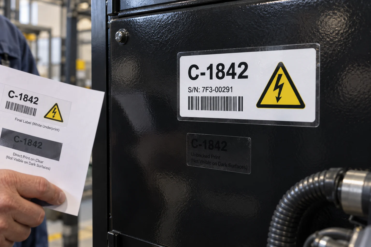 Clear equipment label with opaque white barcode area on a black machine enclosure