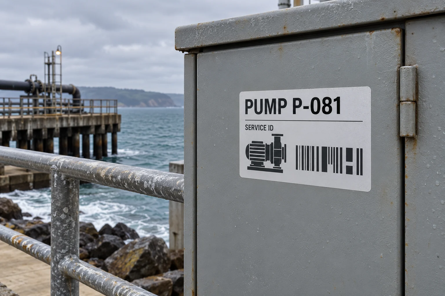 Populated PUMP P-081 adhesive equipment identification label on a harbor-side cabinet