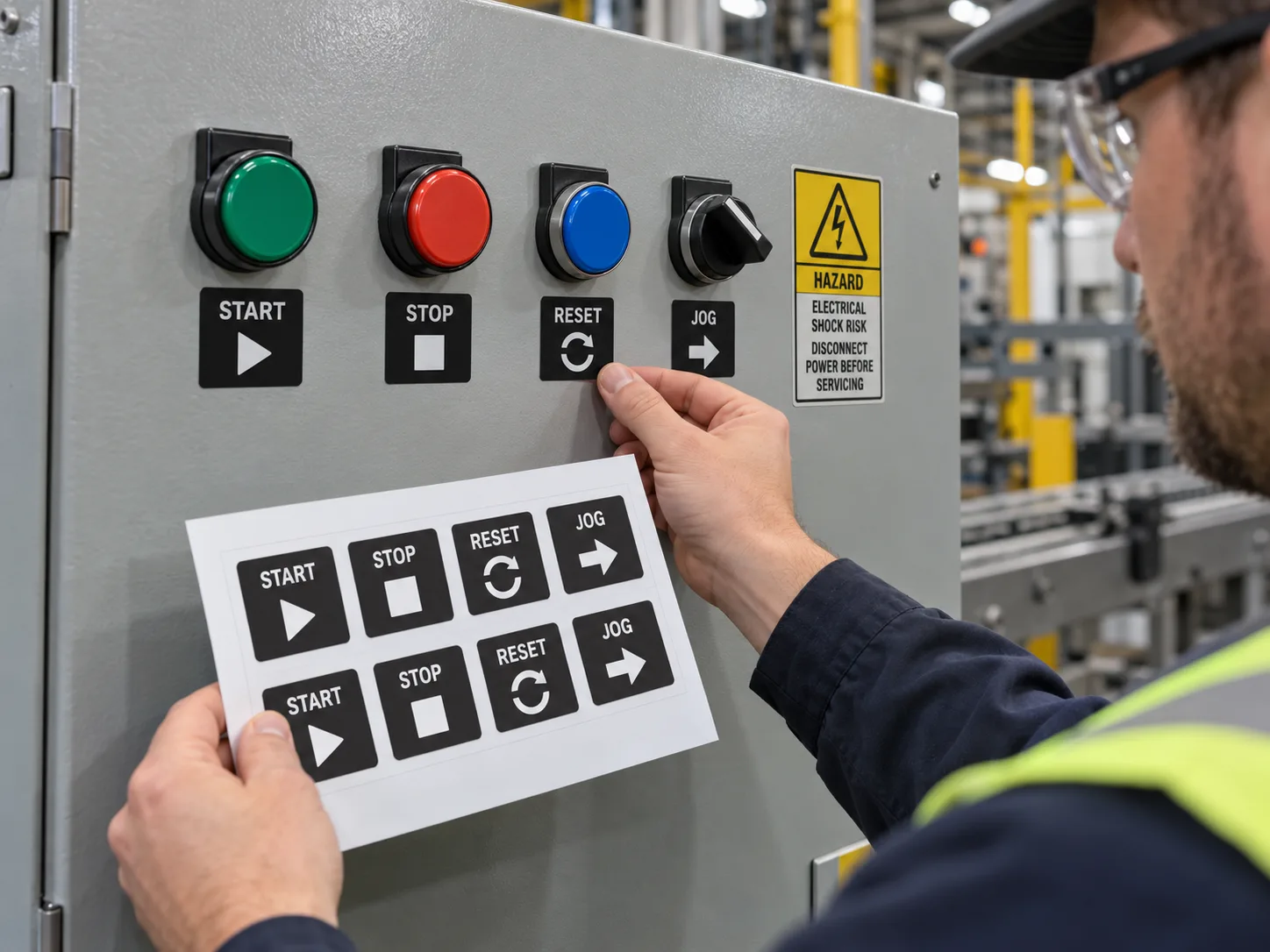 Technician reviews START STOP RESET and JOG button legend labels on a control panel