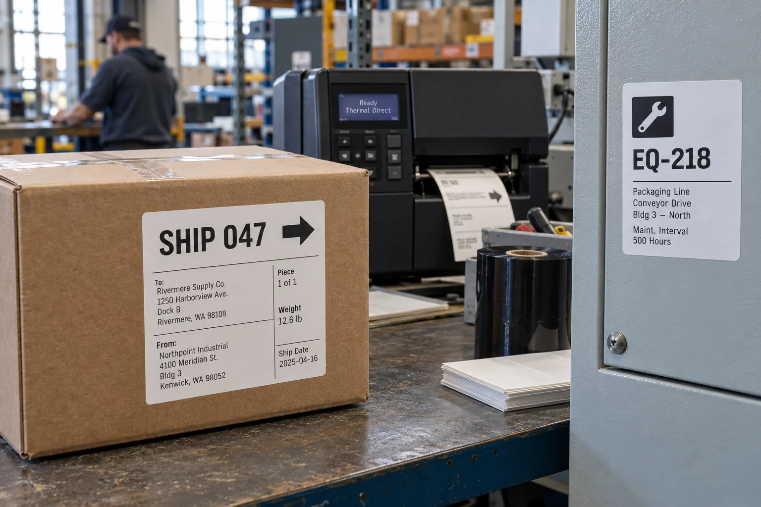 Direct thermal shipping label compared with thermal-transfer equipment ID sample on a print bench