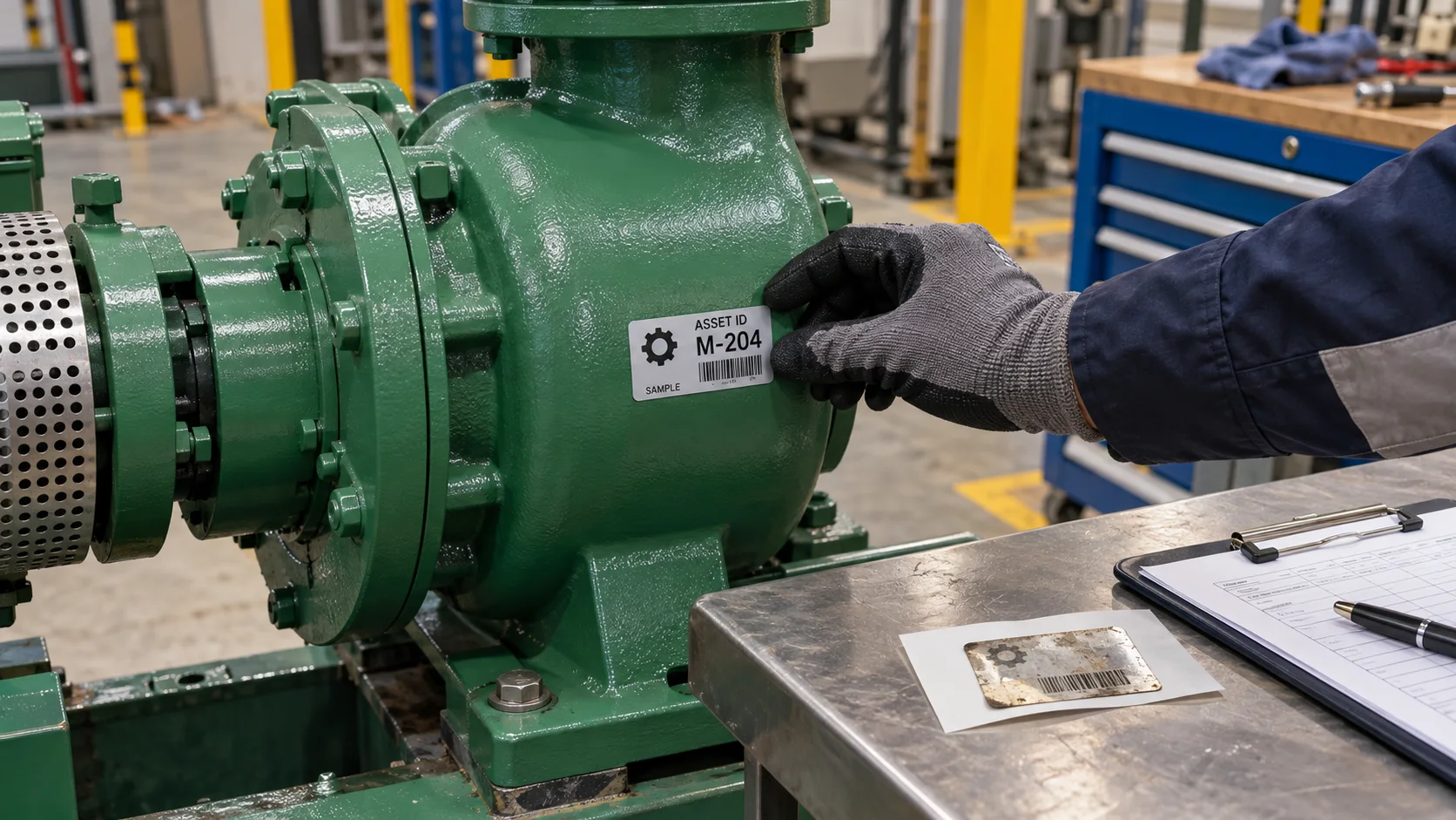 Technician positions populated asset ID label on repainted industrial pump housing