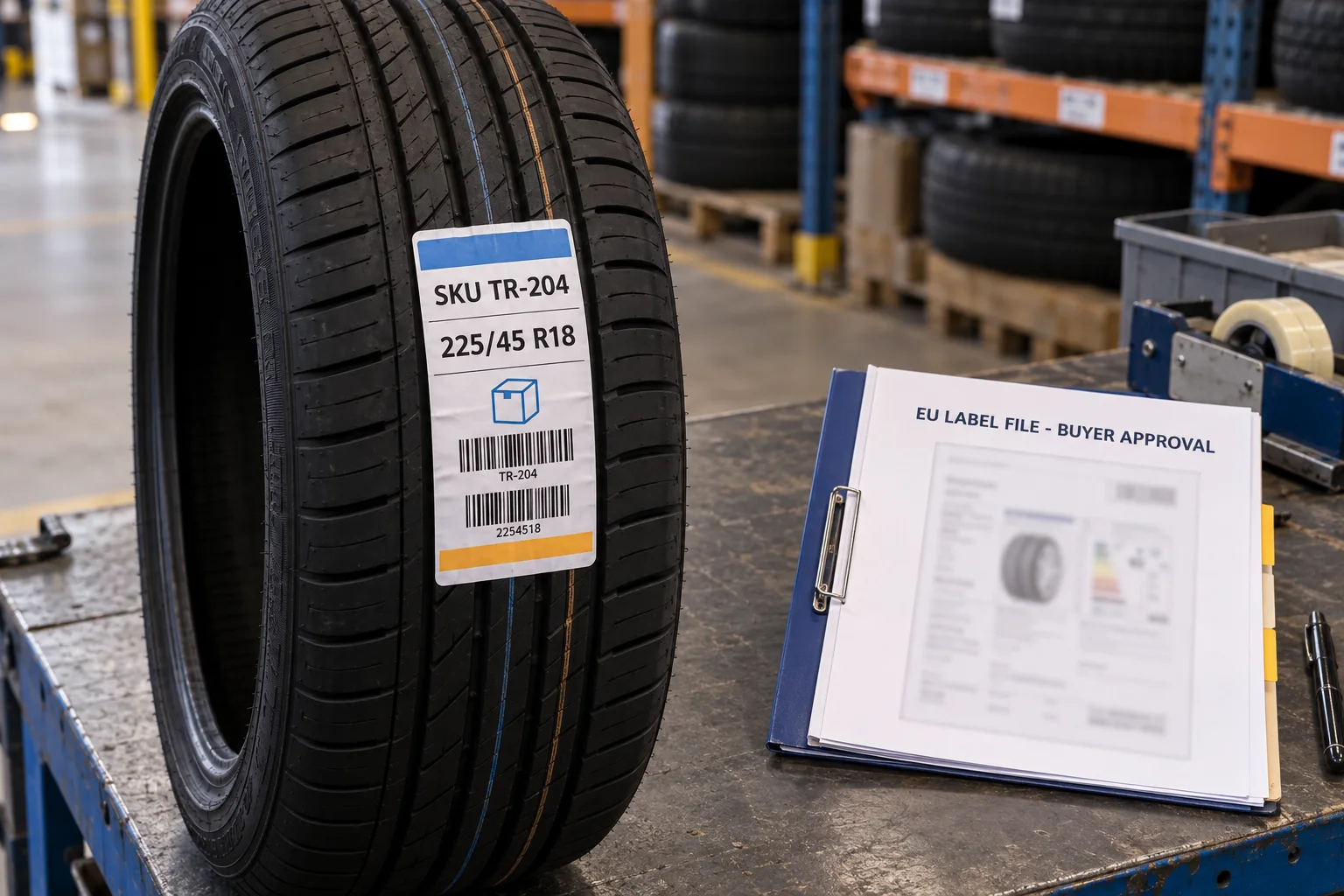 Tire with populated fictional warehouse SKU sticker beside a separate EU tyre label approval folder