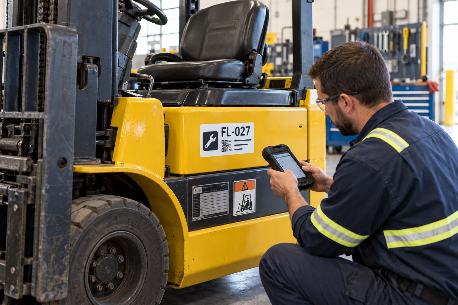 Forklift side panel with fleet ID sticker positioned away from the original capacity plate