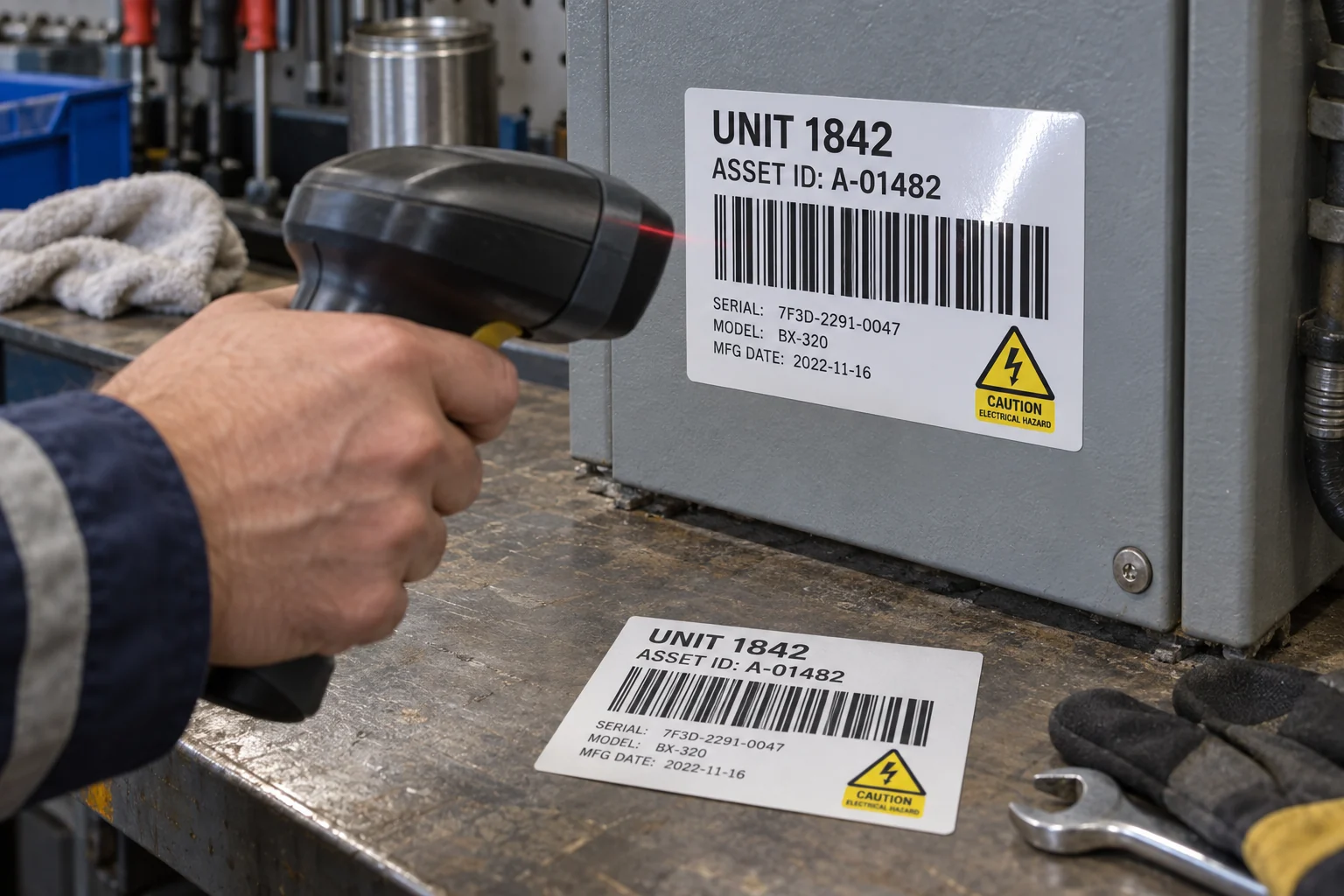 Worker scans an equipment barcode label with a reflective finish beside a comparison label