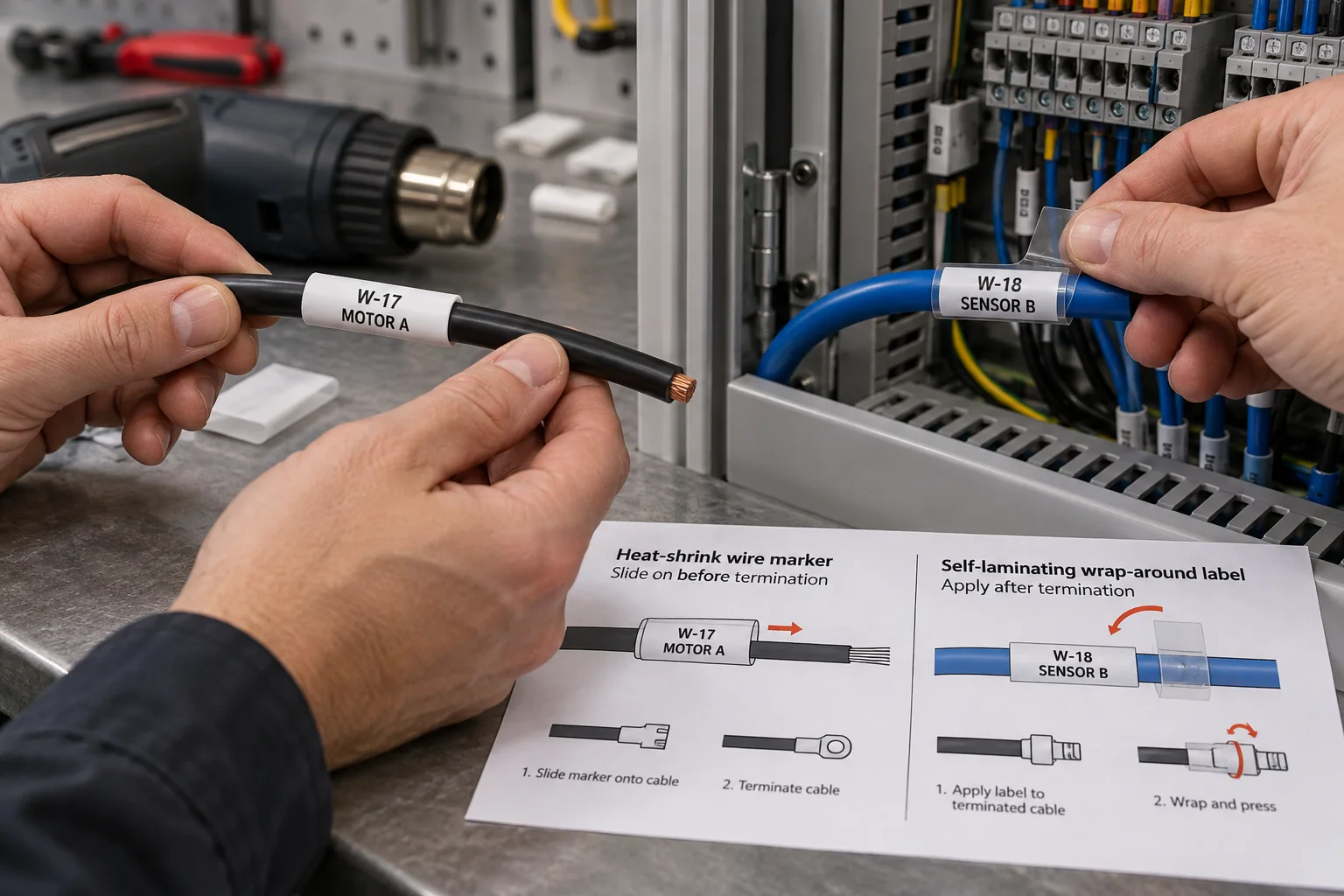 Heat-shrink W-17 wire sleeve before termination next to W-18 self-laminating wrap on installed cable