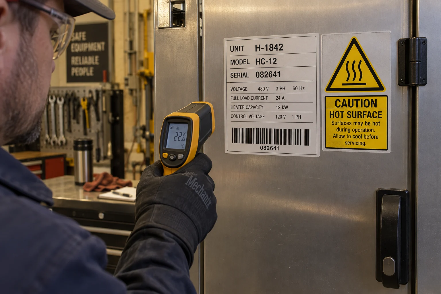 Technician checks a heating cabinet with populated equipment and hot-surface warning labels