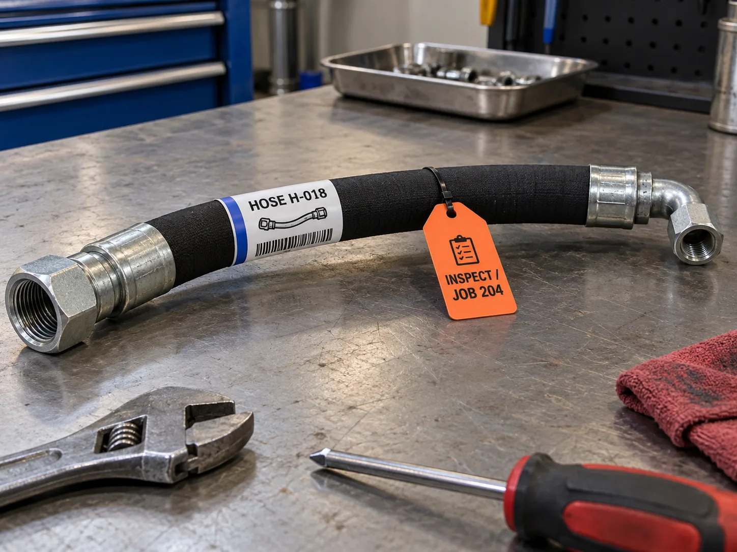 Hydraulic hose assembly with a populated ID tag beside a separate temporary service tag
