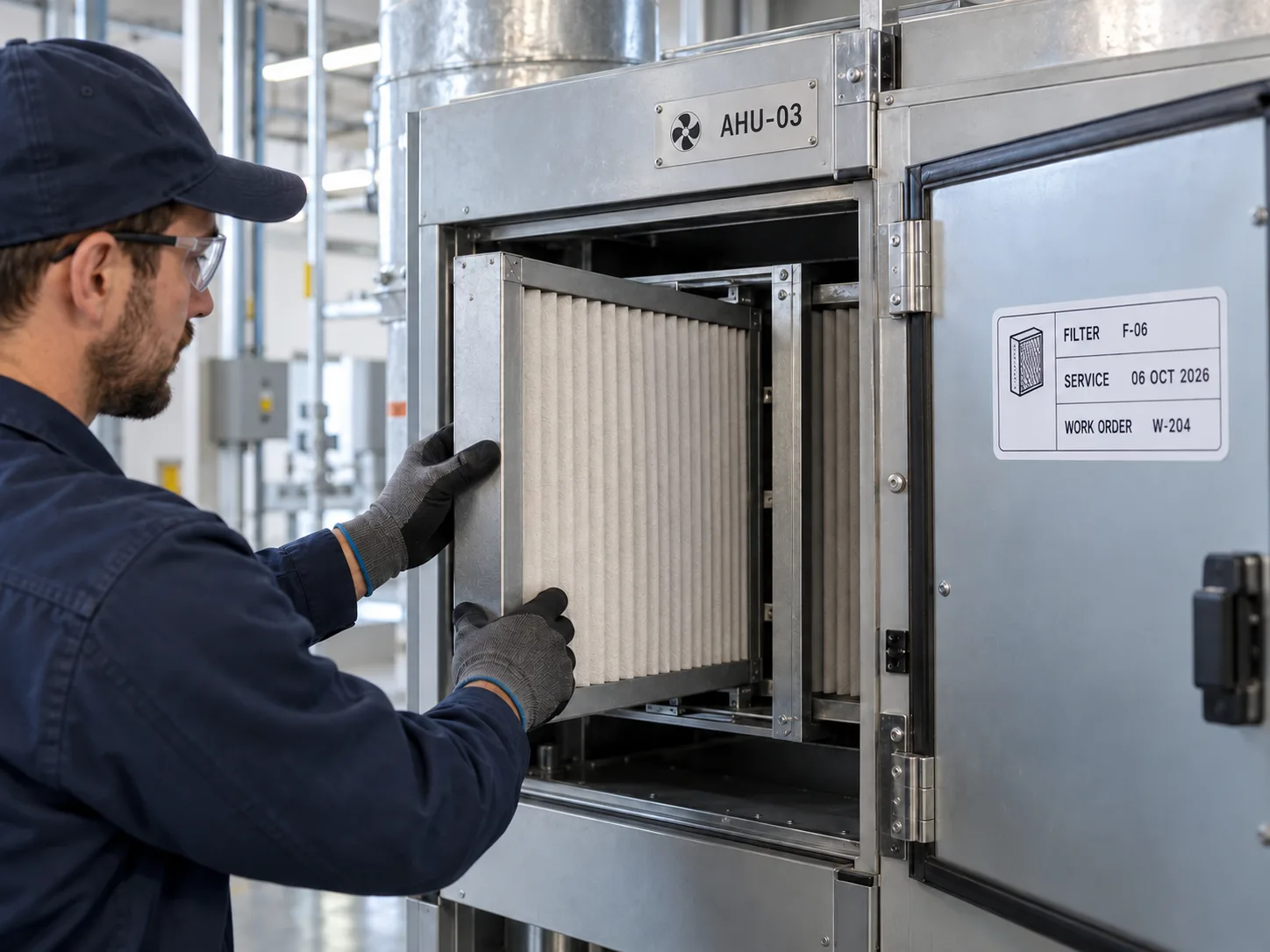 Industrial filter cabinet ID beside separate intake filter position and service date label