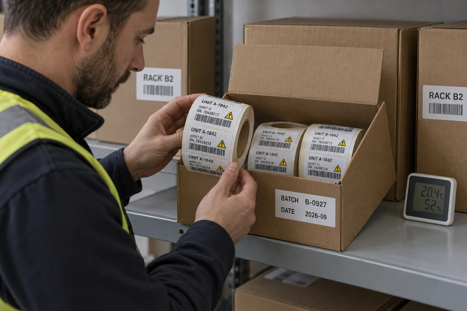 Warehouse worker inspects identified industrial label rolls in a batch-marked storage carton