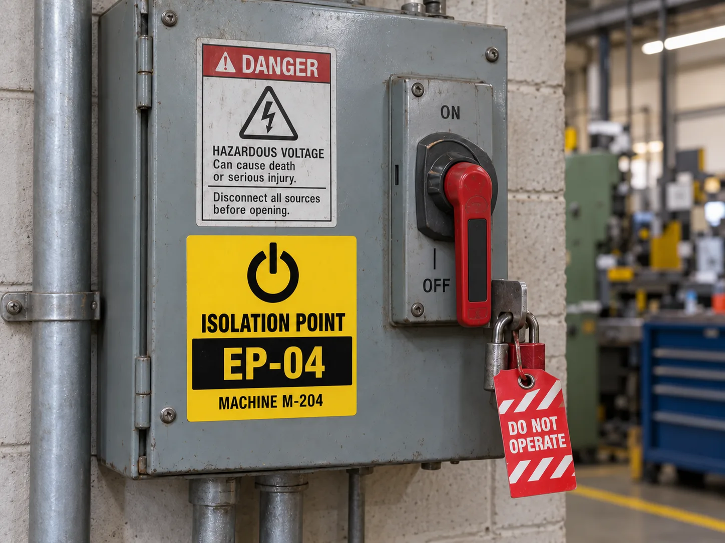 Industrial disconnect with permanent isolation point EP-04 label and distinct temporary do-not-operate tag
