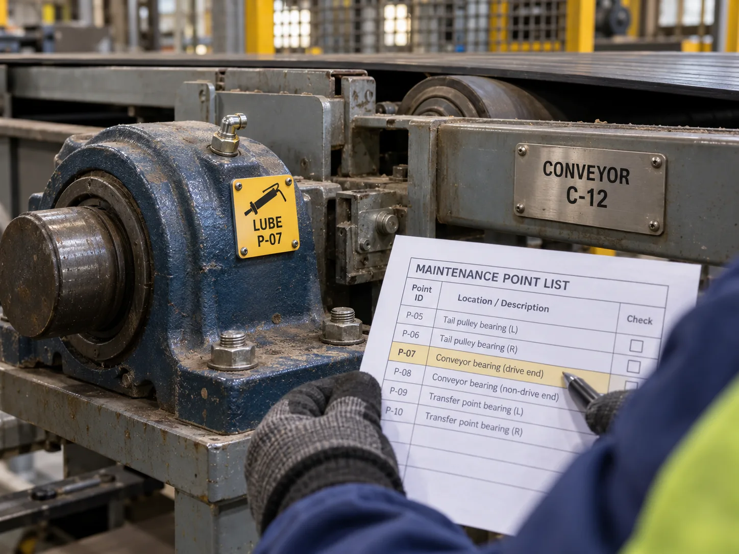 Conveyor machine asset label next to distinct lubrication point labels L-01 and L-02