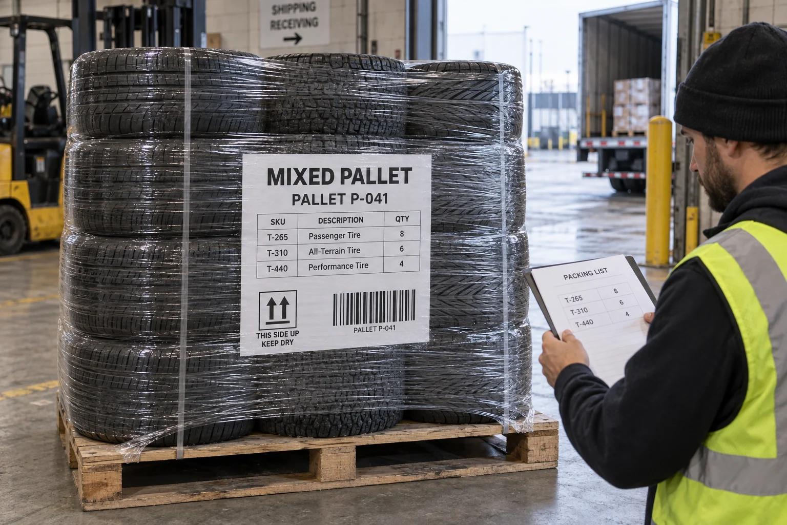 Worker checks a populated mixed tire pallet label against a packing list