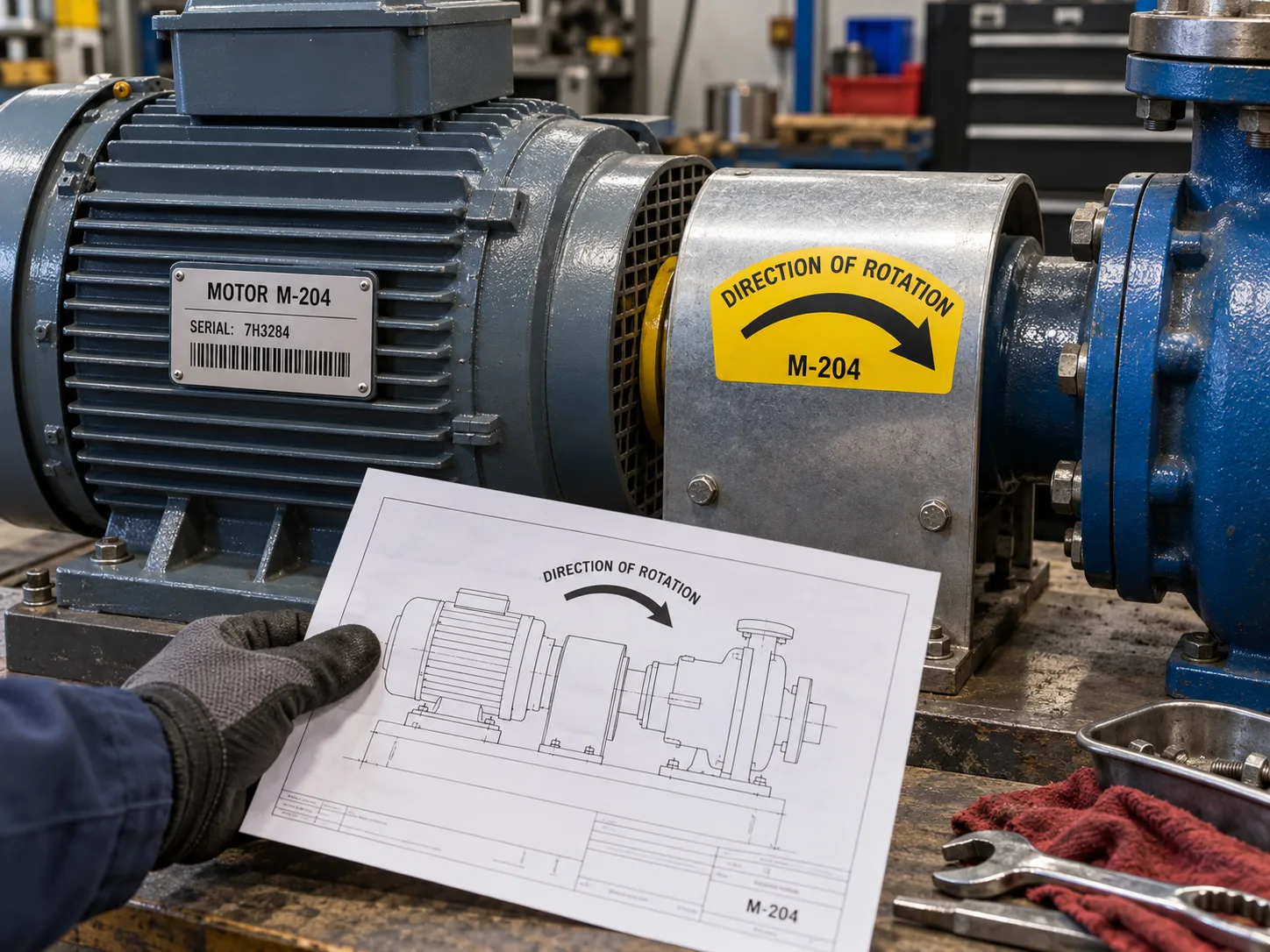 Motor pump guard with visible rotation arrow label and separate motor asset ID plate