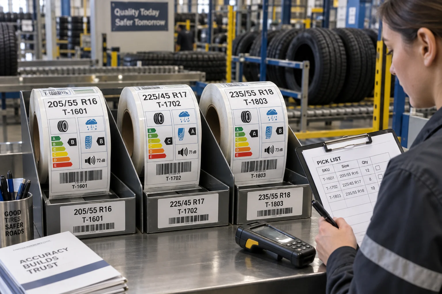 Distinct populated tire label rolls for three sizes in separately labeled dispatch trays