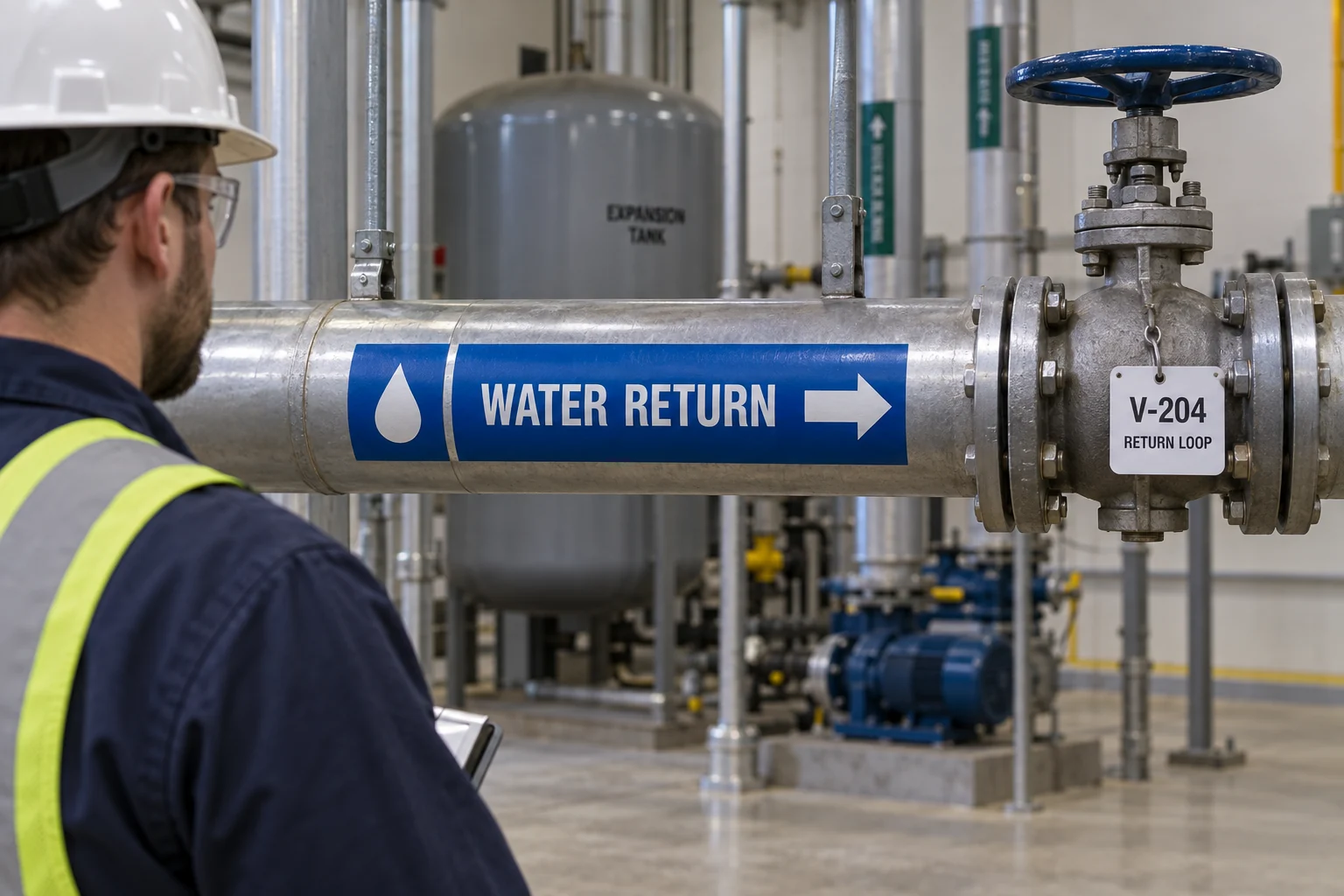 Water return pipe marker with arrow beside a separate V-204 valve tag