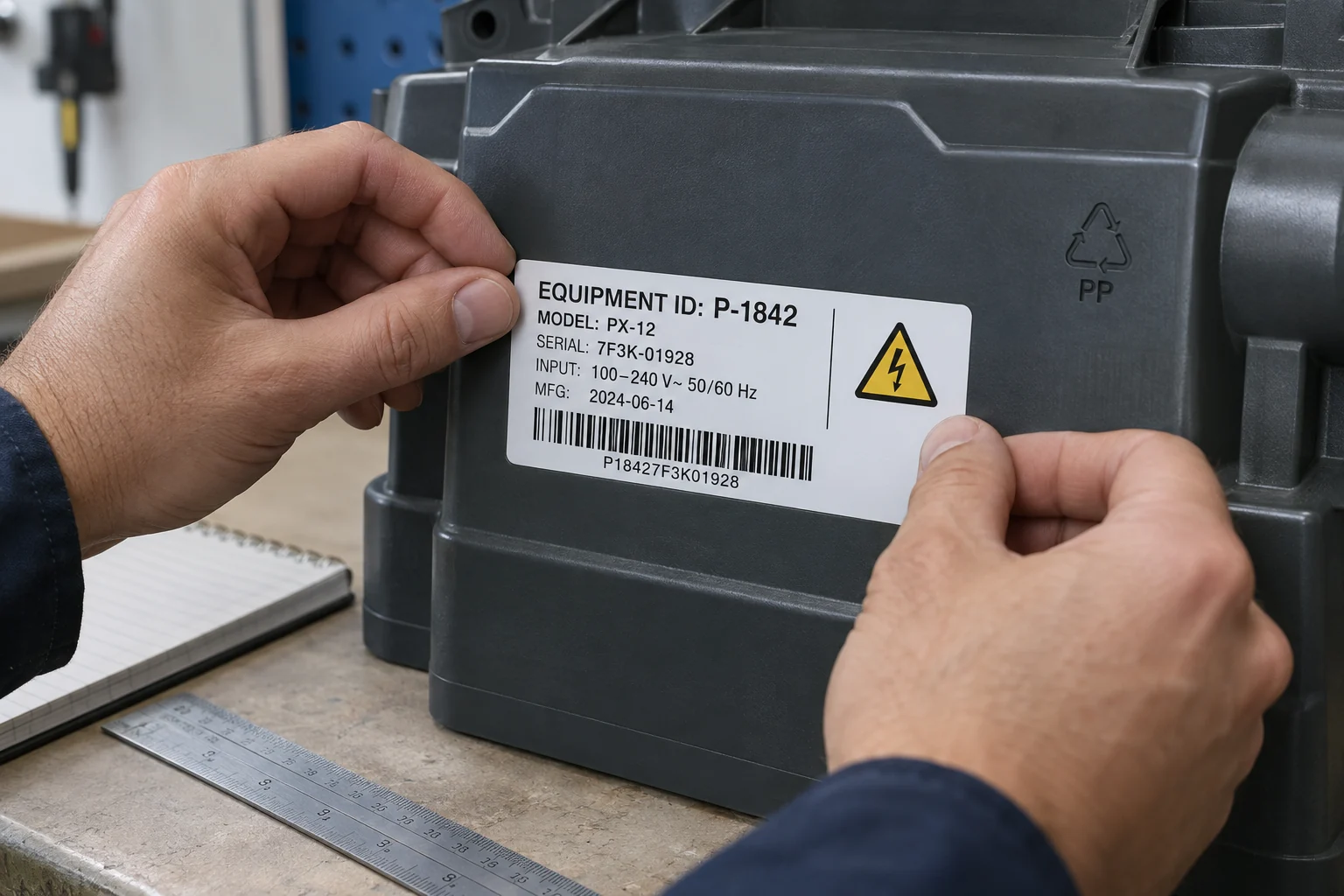 Technician positions a printed ID and barcode label on a molded PP equipment housing