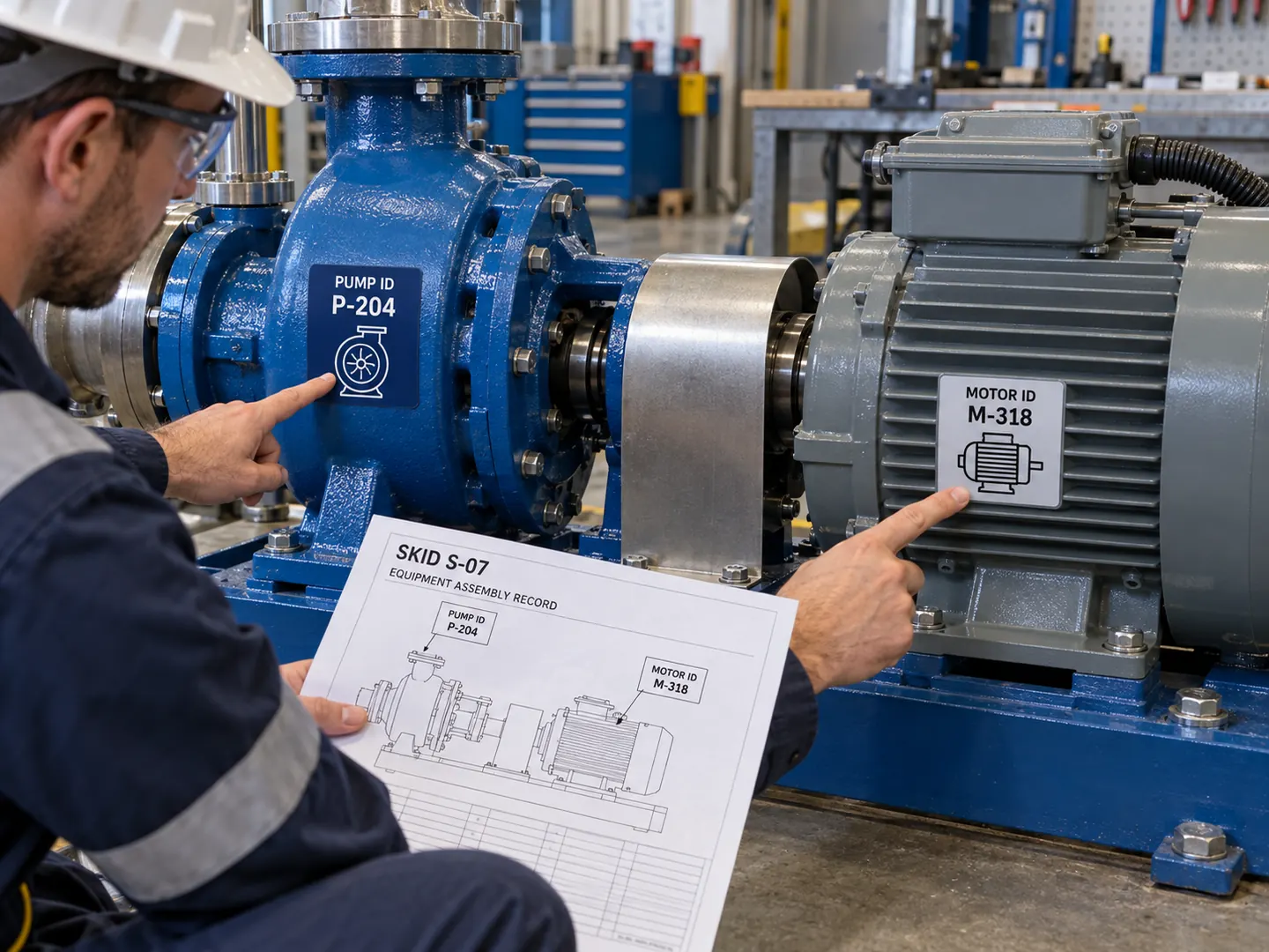 Pump P-204 and removable motor M-318 with separate identification labels on one skid