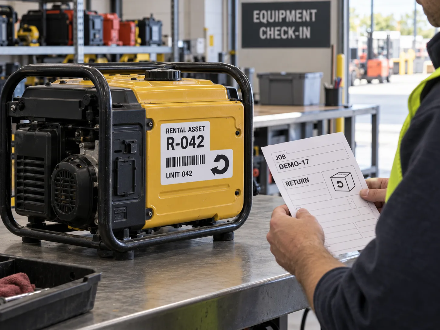 Rental generator asset label R-042 checked against a separate temporary return ticket