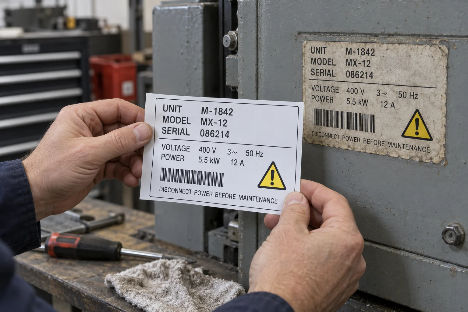 Technician holds a new populated machinery label beside an older label on equipment
