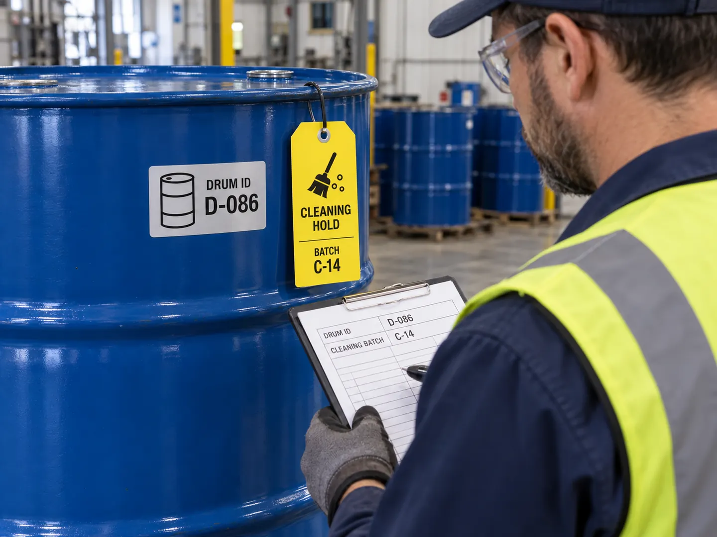 Blue reusable drum with D-086 asset sticker and separate yellow CLEANING HOLD tag
