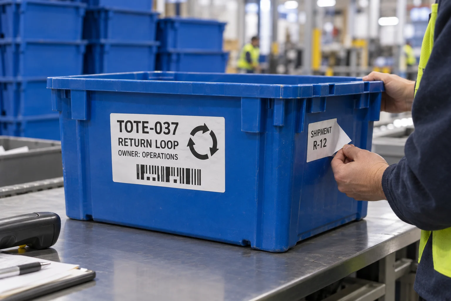 Blue reusable tote with a TOTE-037 asset label and a removable shipment label