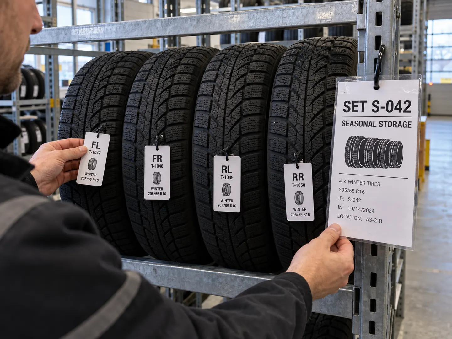 Four stored winter tires with individual position tags and a separate SET S-042 card on the rack
