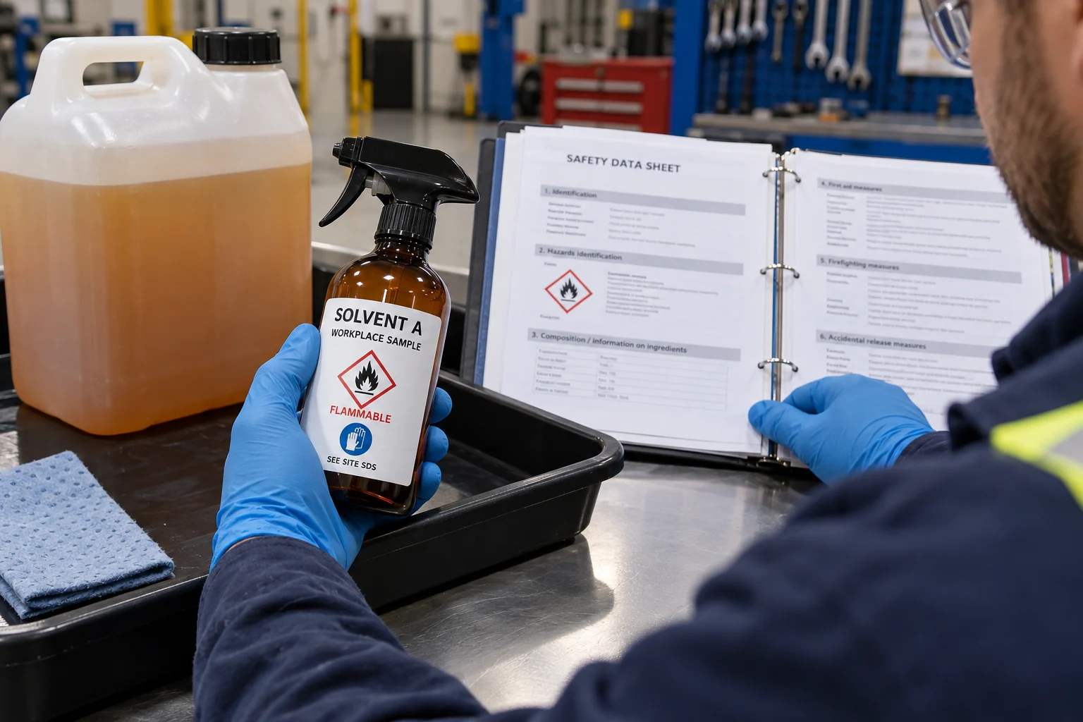 Secondary workplace chemical container with populated identification and hazard icon label
