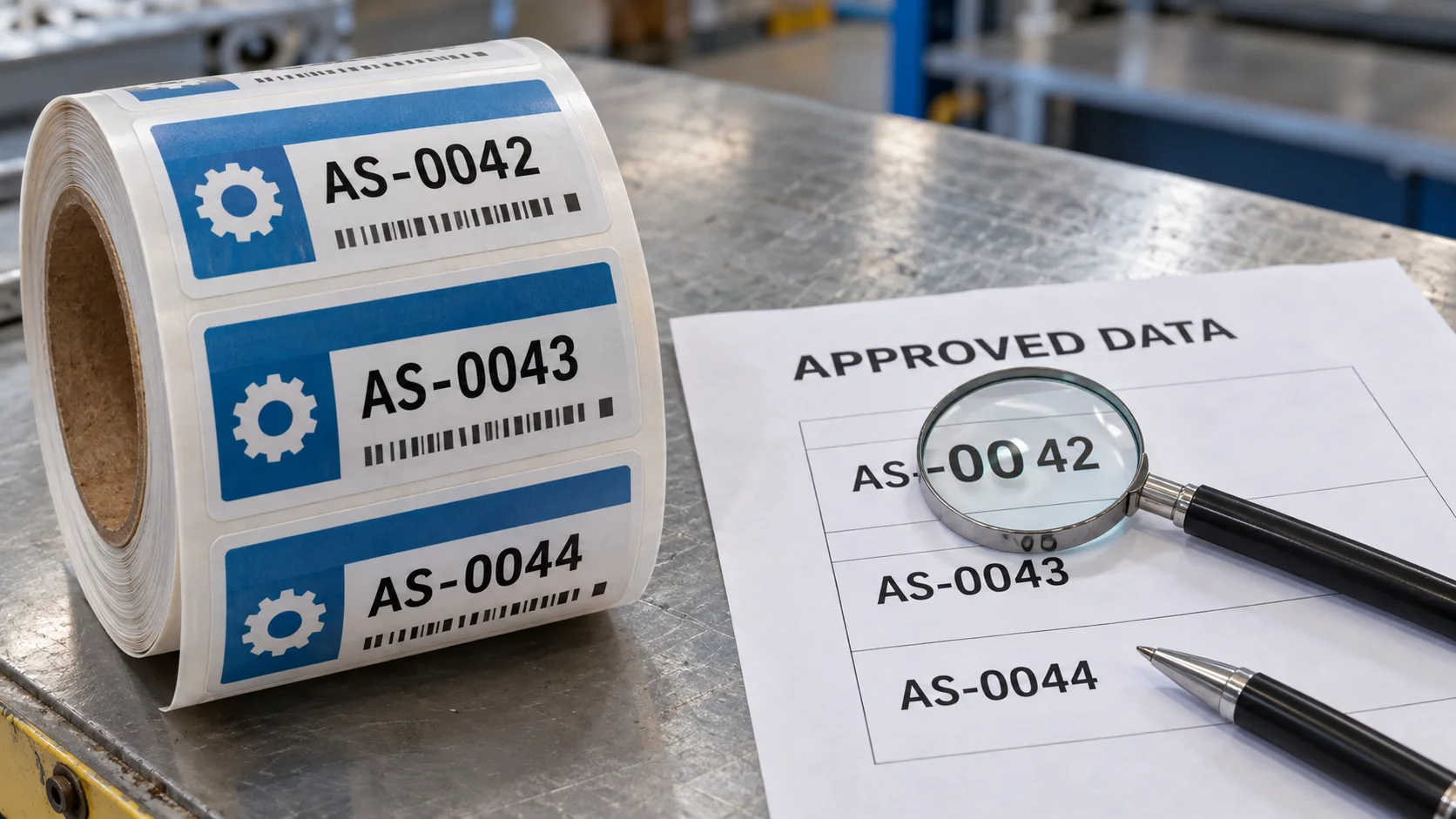 Asset label roll with AS-0042, AS-0043 and AS-0044 compared with an approved data sheet