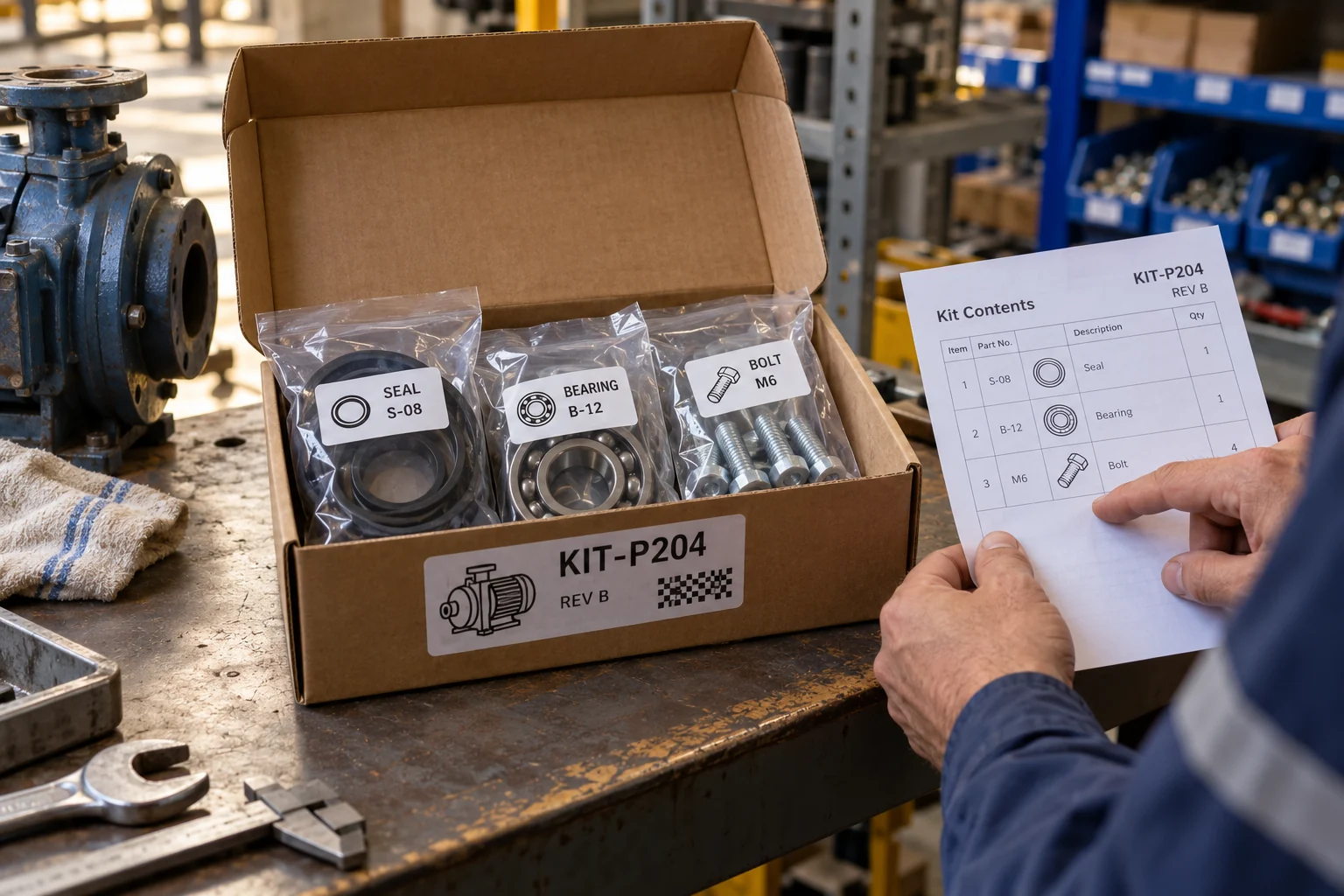 Spare parts service kit box and labeled inner bags with distinct part identifiers