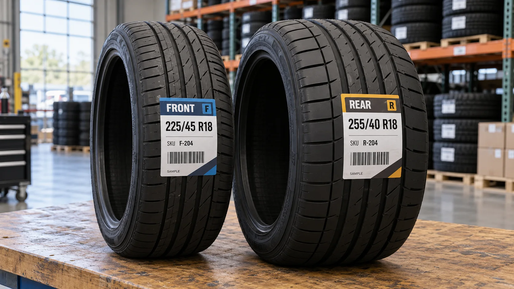 Two unmounted tires with different populated FRONT and REAR tread labels for fictional staggered SKUs