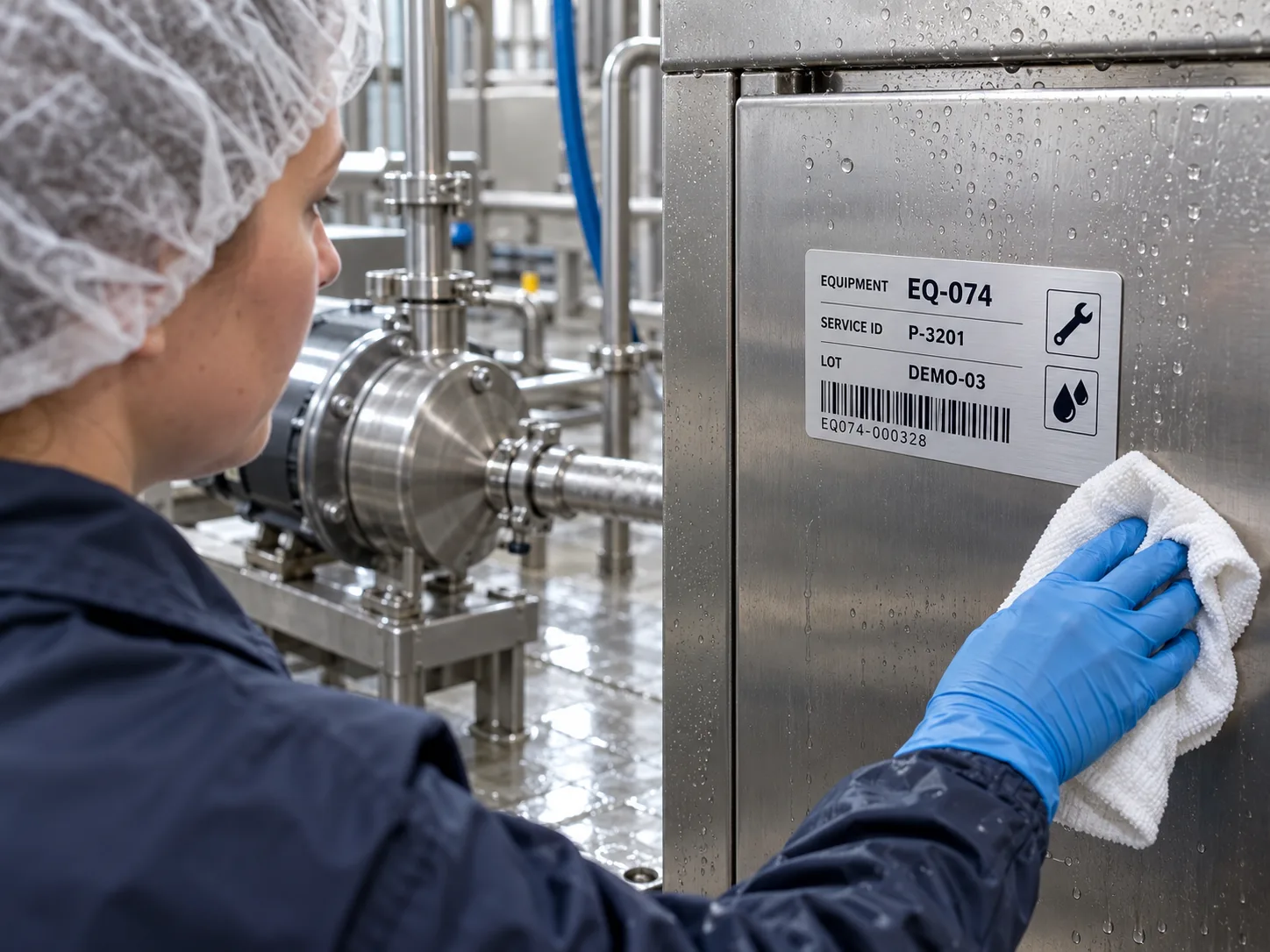 Populated equipment identification label on a stainless steel cabinet in a cleaning area