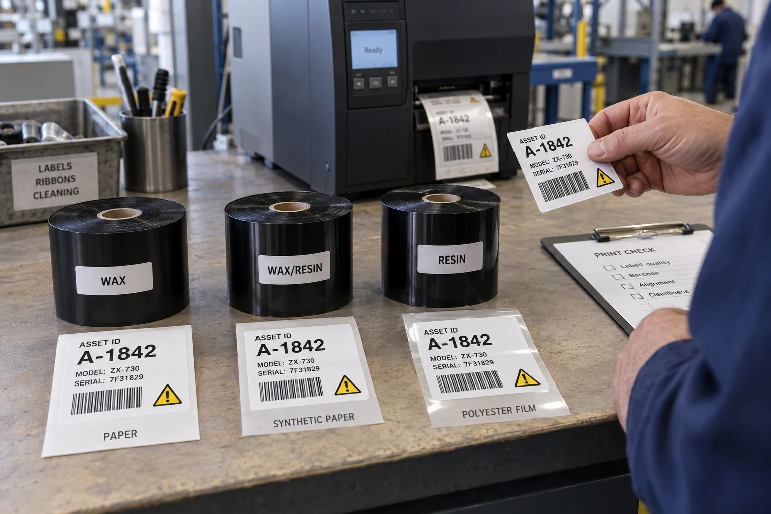 Thermal-transfer printer with three ribbon types and printed industrial asset labels