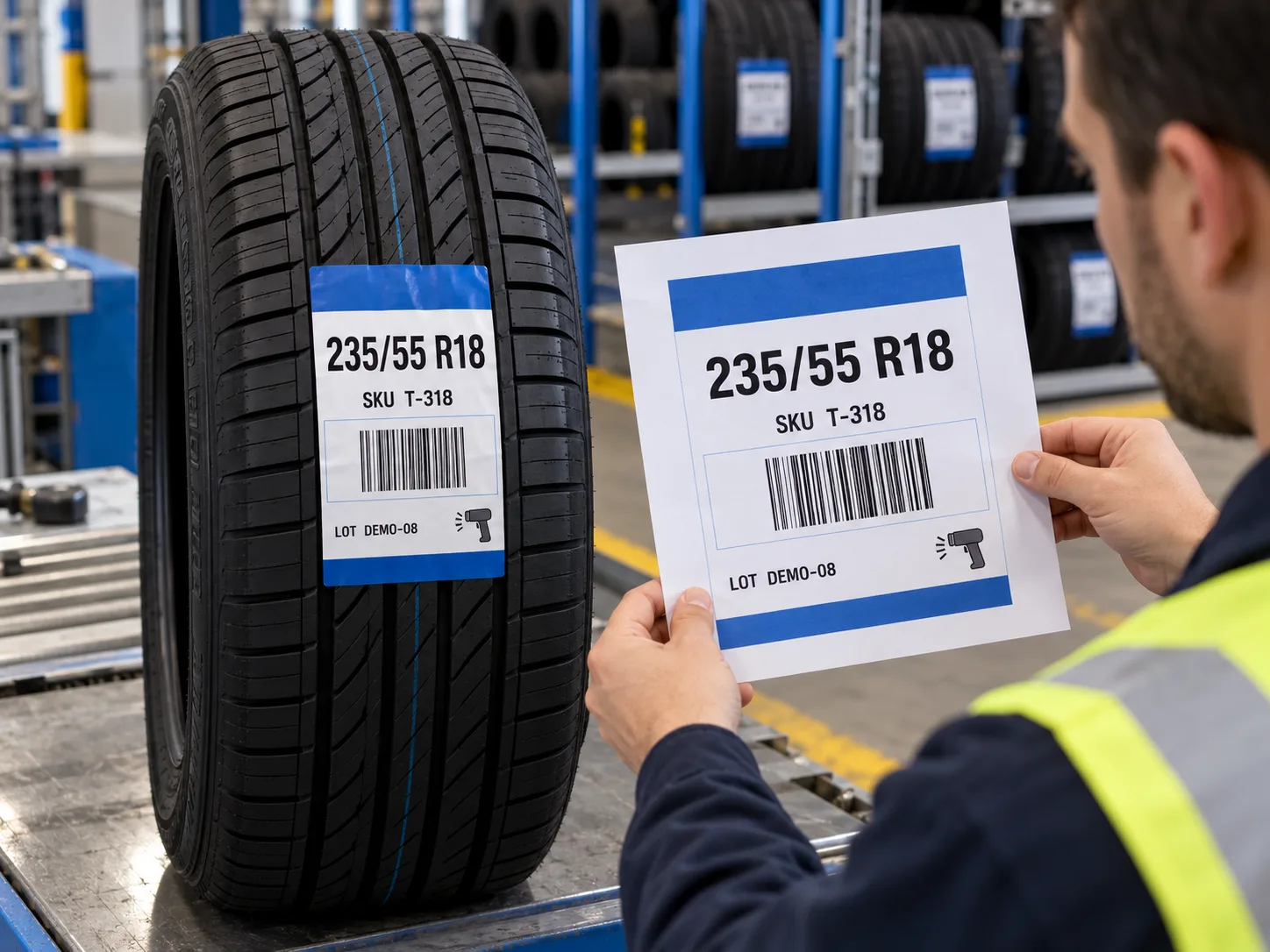 Finished tire tread label beside its artwork proof with large tire size and clear barcode area
