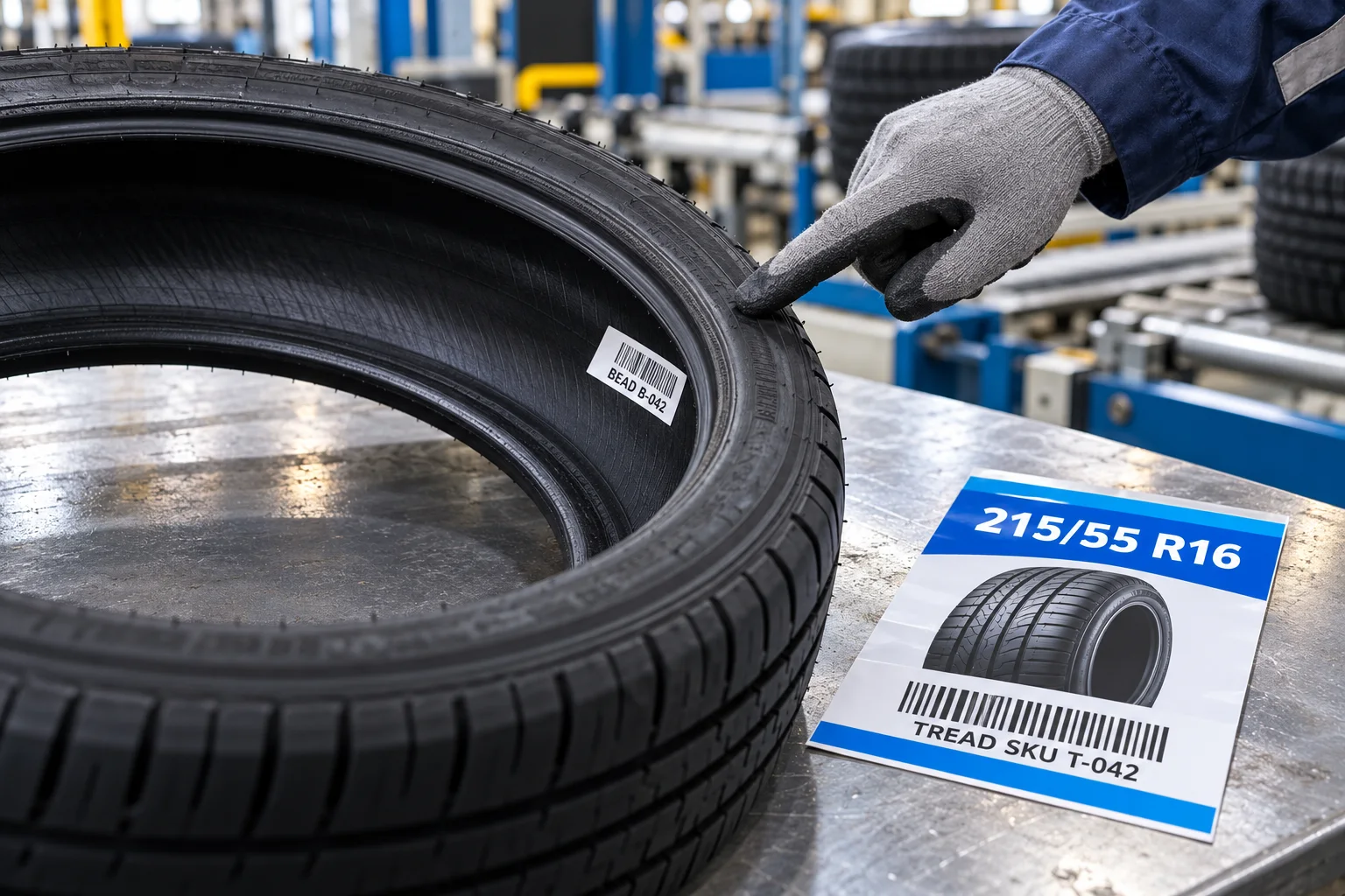 Unmounted tire with a sample bead barcode label beside a separate tire tread product label proof