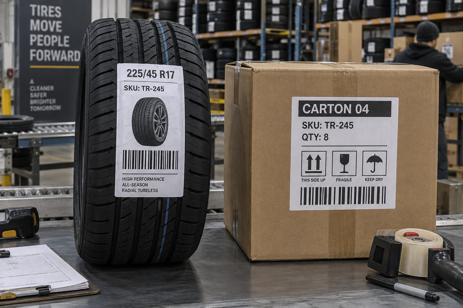 Fictional tire SKU label beside a carton shipping label on a warehouse bench