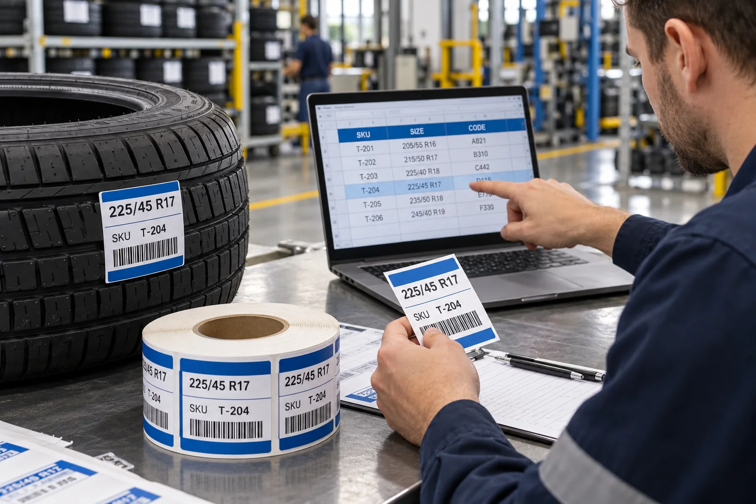 Technician compares a populated tire label with a SKU size and code spreadsheet