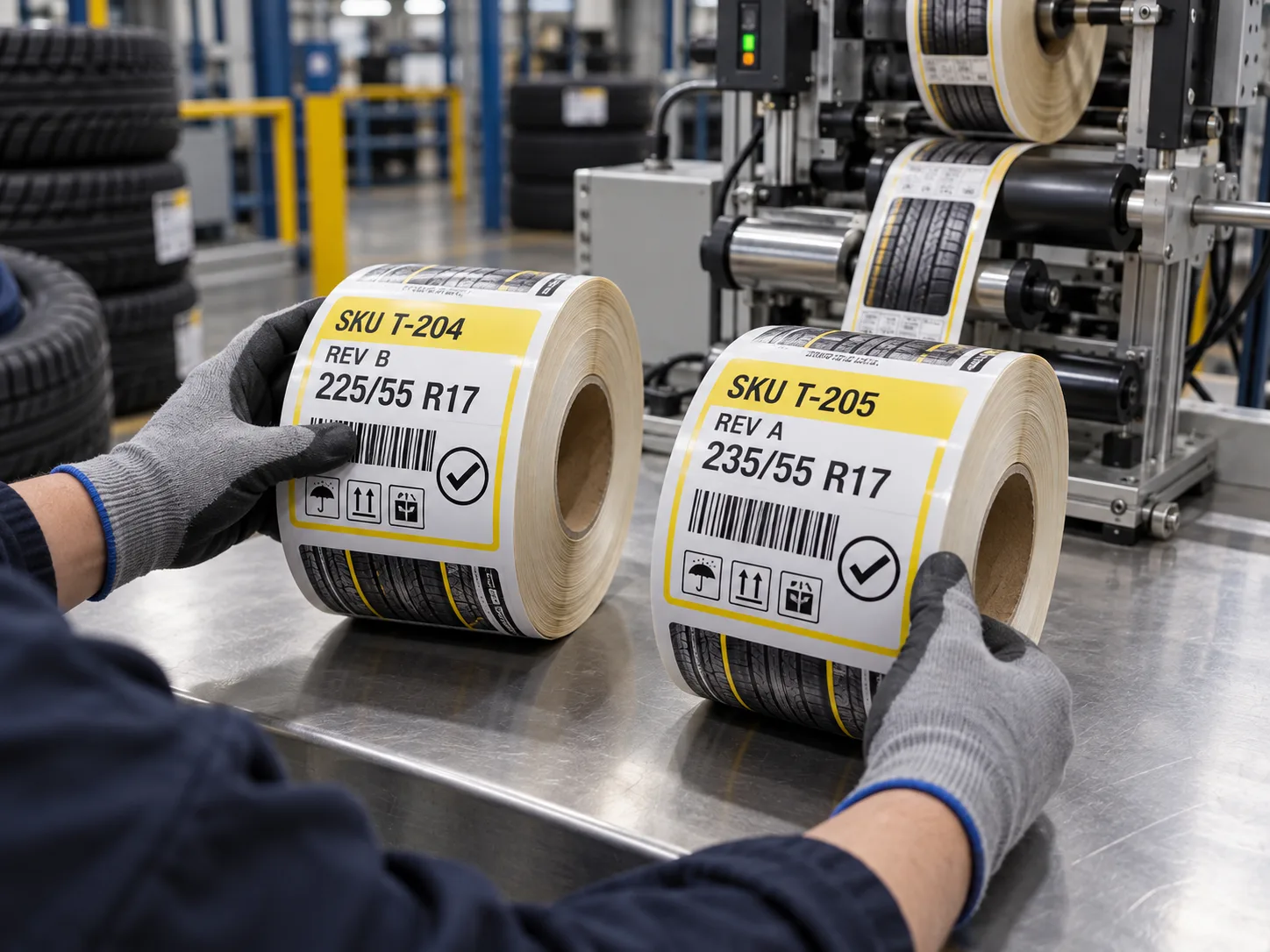 Operator compares tire label roll tags for SKUs T-204 and T-205 at a factory applicator